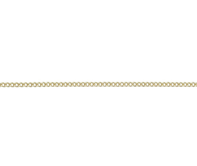 A close-up horizontal view of a fine gold-toned curb chain against a plain white background.