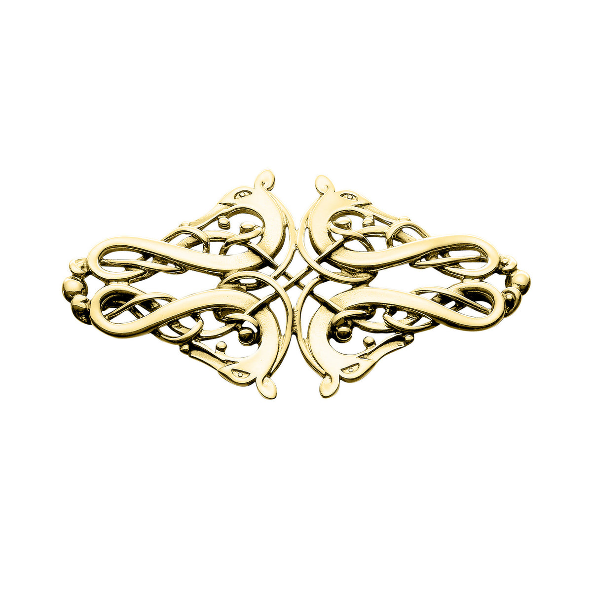 A gold brooch with a Viking-inspired design featuring intertwined animal heads from the Finnish Beast Collection