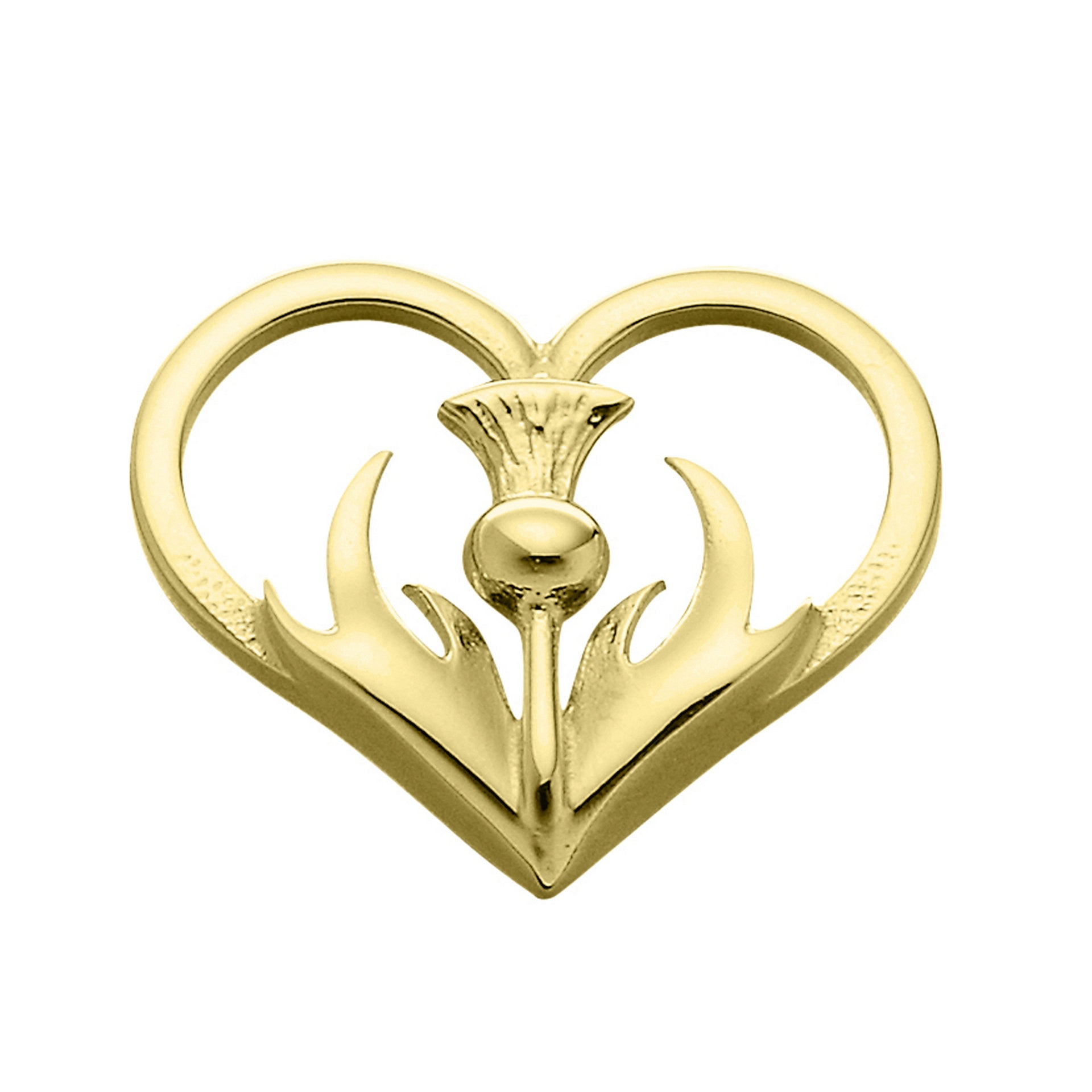 A gold heart shaped brooch with a central thistle design