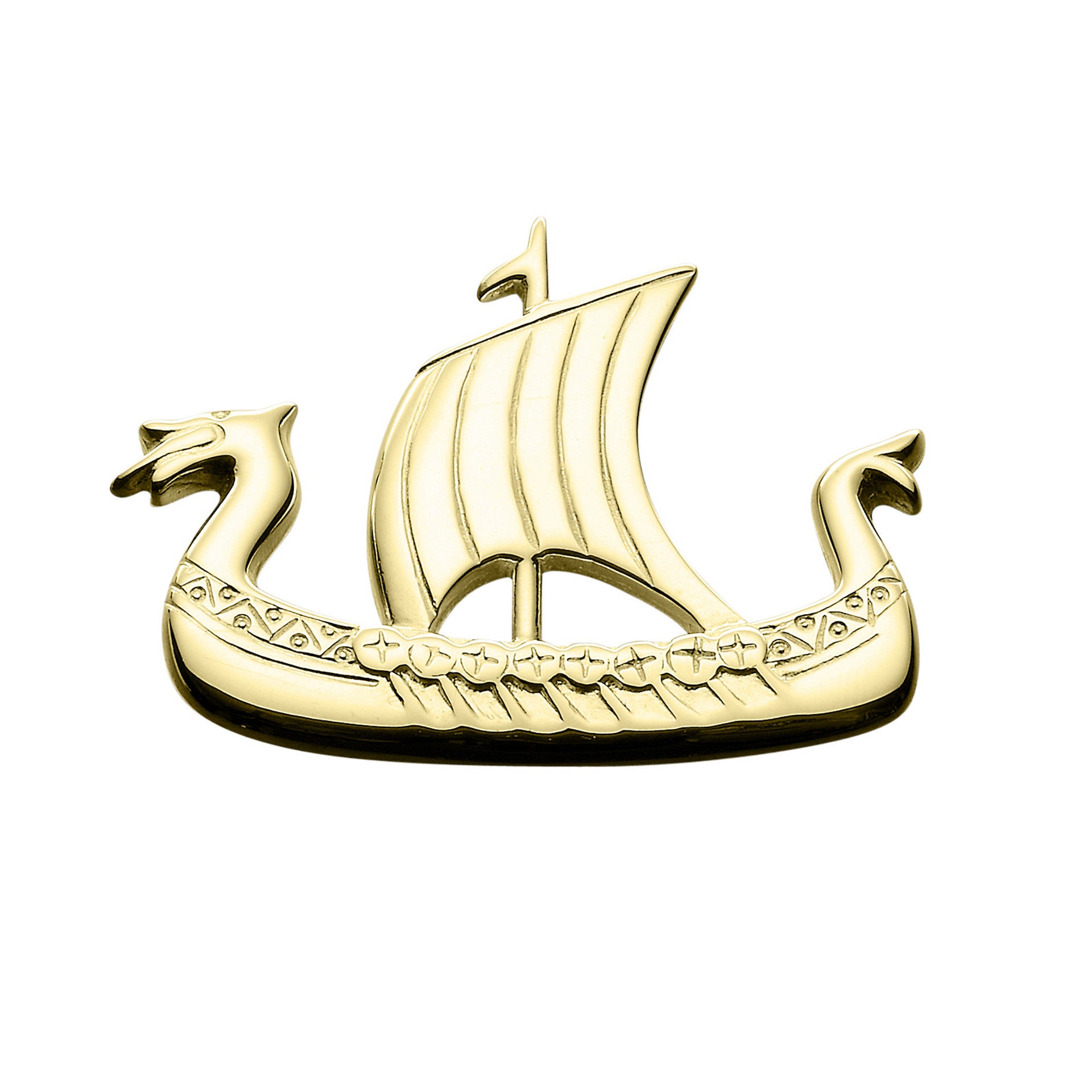 A gold brooch of a Viking longboat