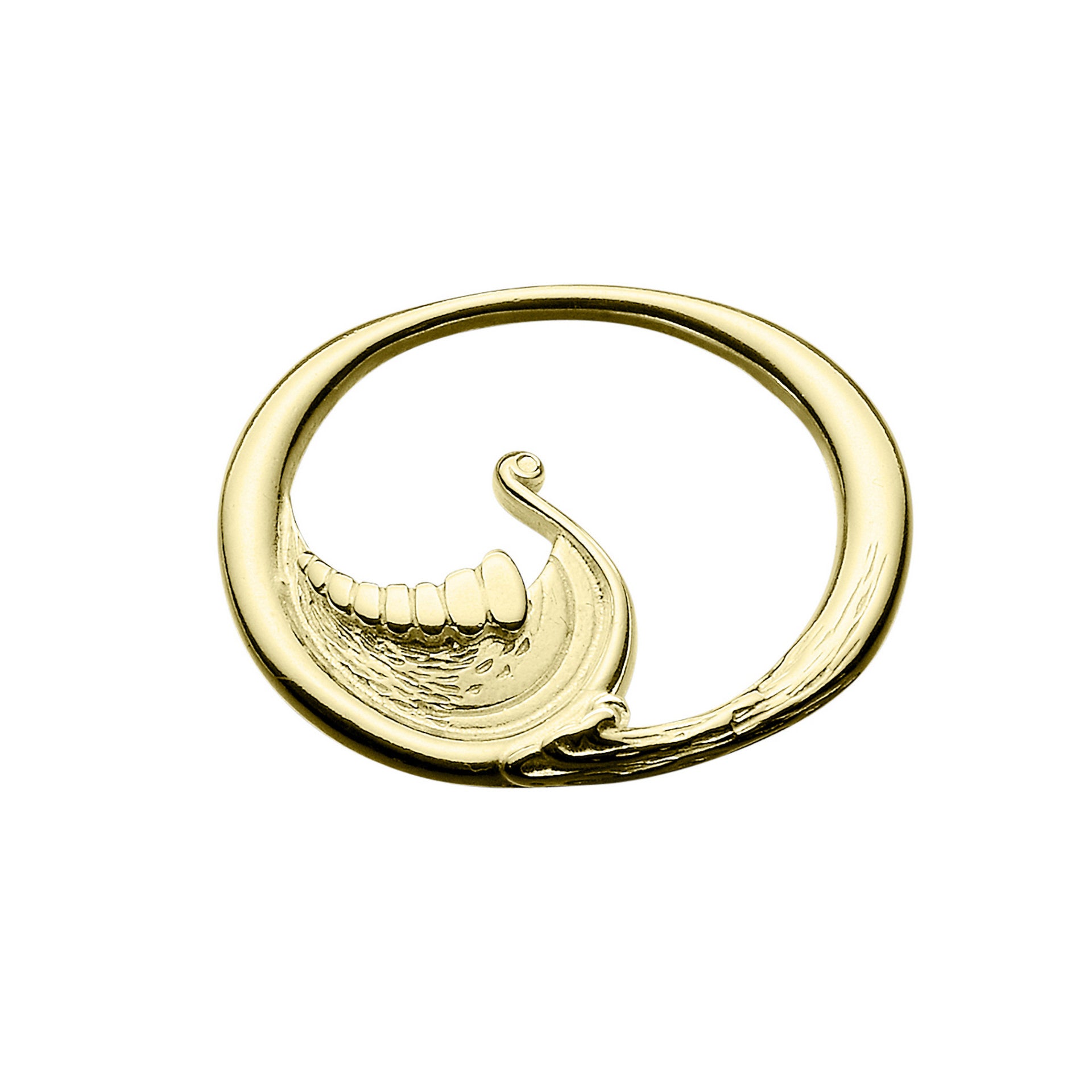 A gold brooch with an abstract design of a Viking longboat