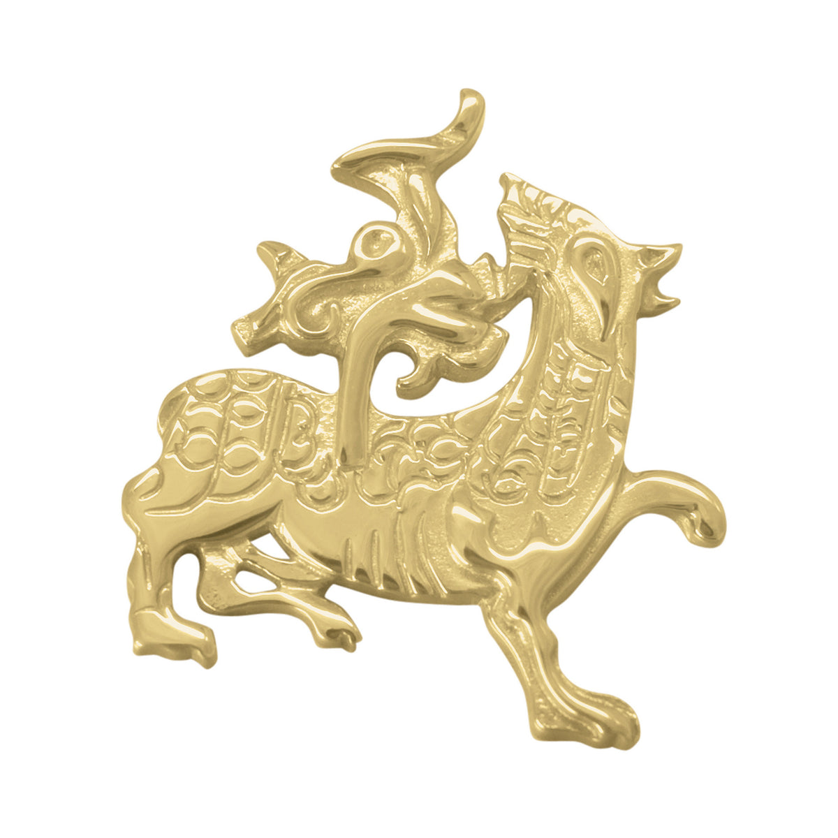 A gold brooch with detailed dragon design from the Maes Howe Dragon Collection