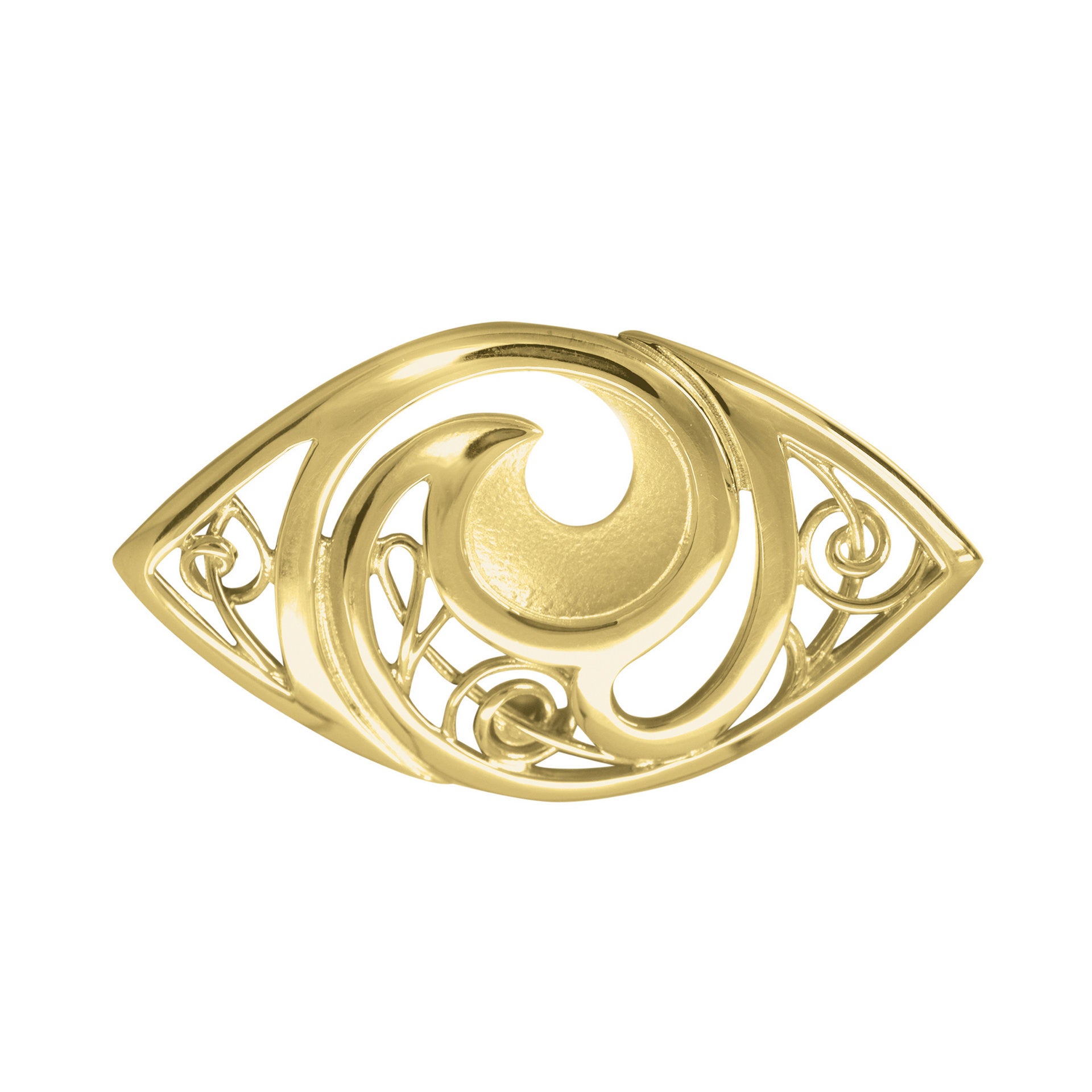 A gold brooch with a intricate knotted swirl design from the Evie Collection
