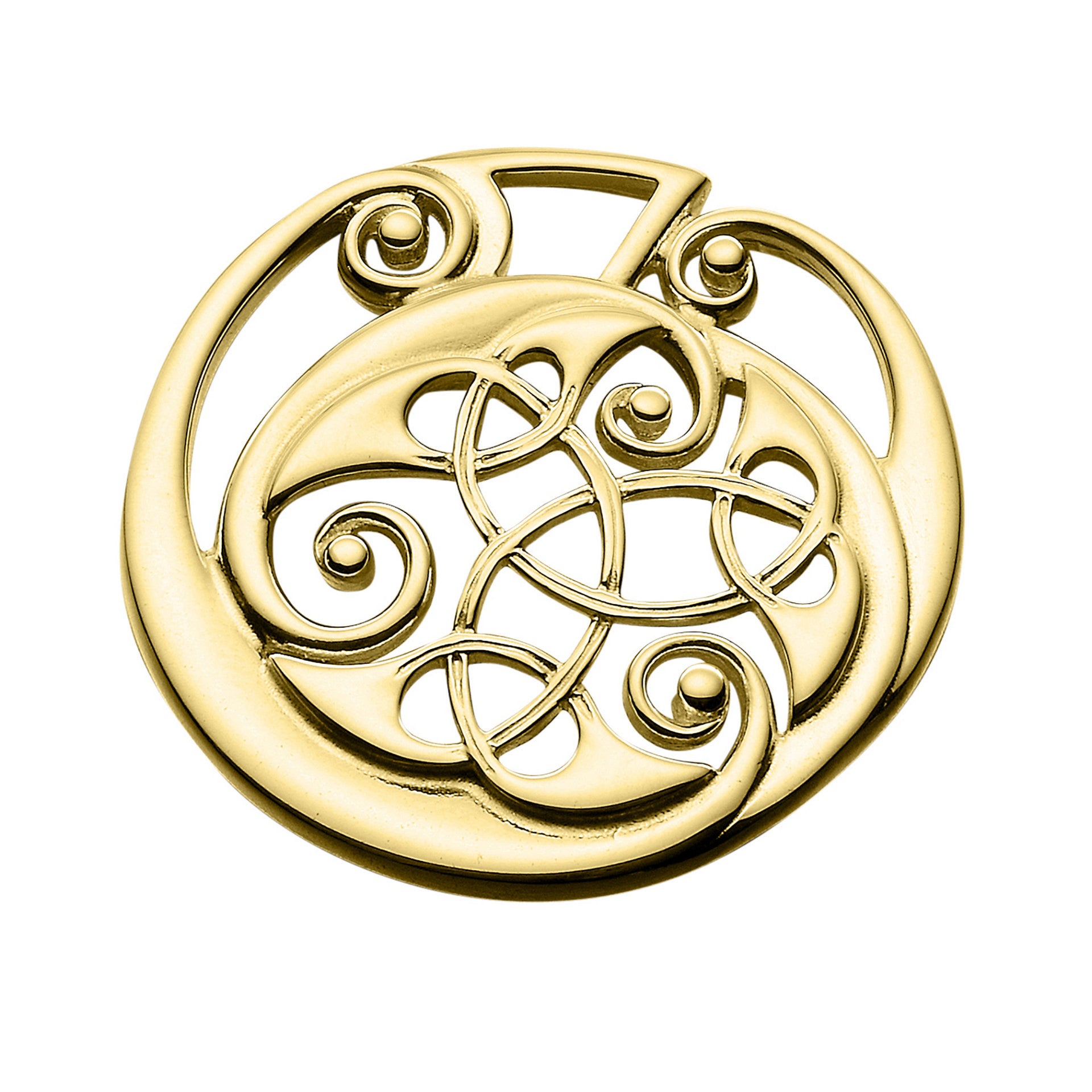 A large gold circular brooch with detailed geometric design from the Kells Collection