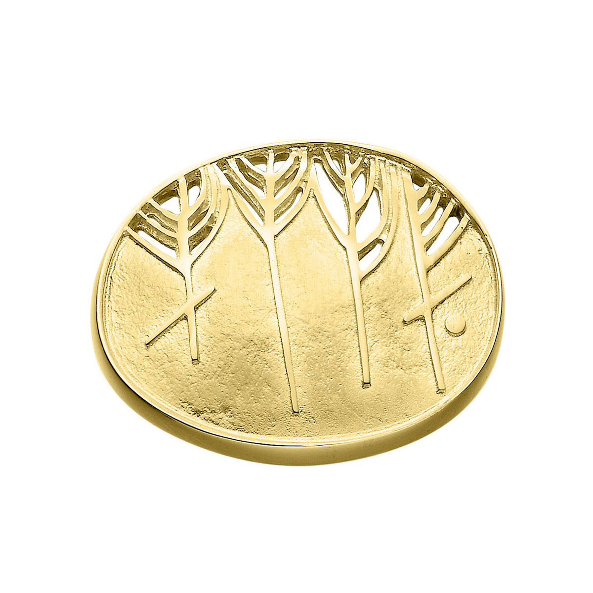 A circular gold brooch with detailed ruins design from the Ingibiorg Collection