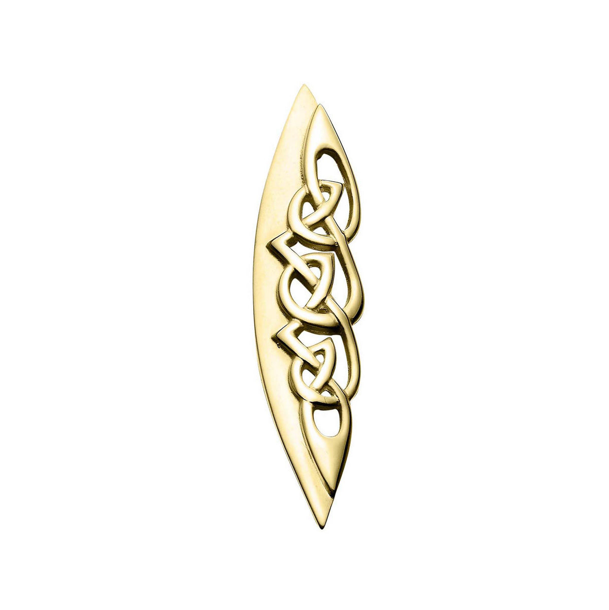 A long oval gold brooch with a knotted Celtic design