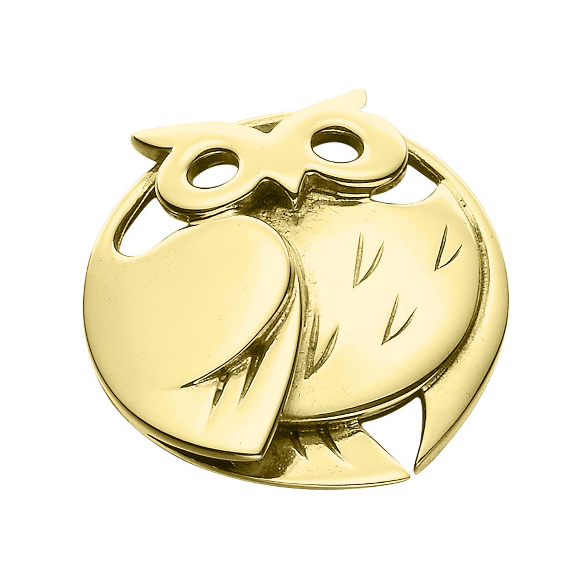 A circular gold brooch in the shape of an owl from the Barn Owl Collection
