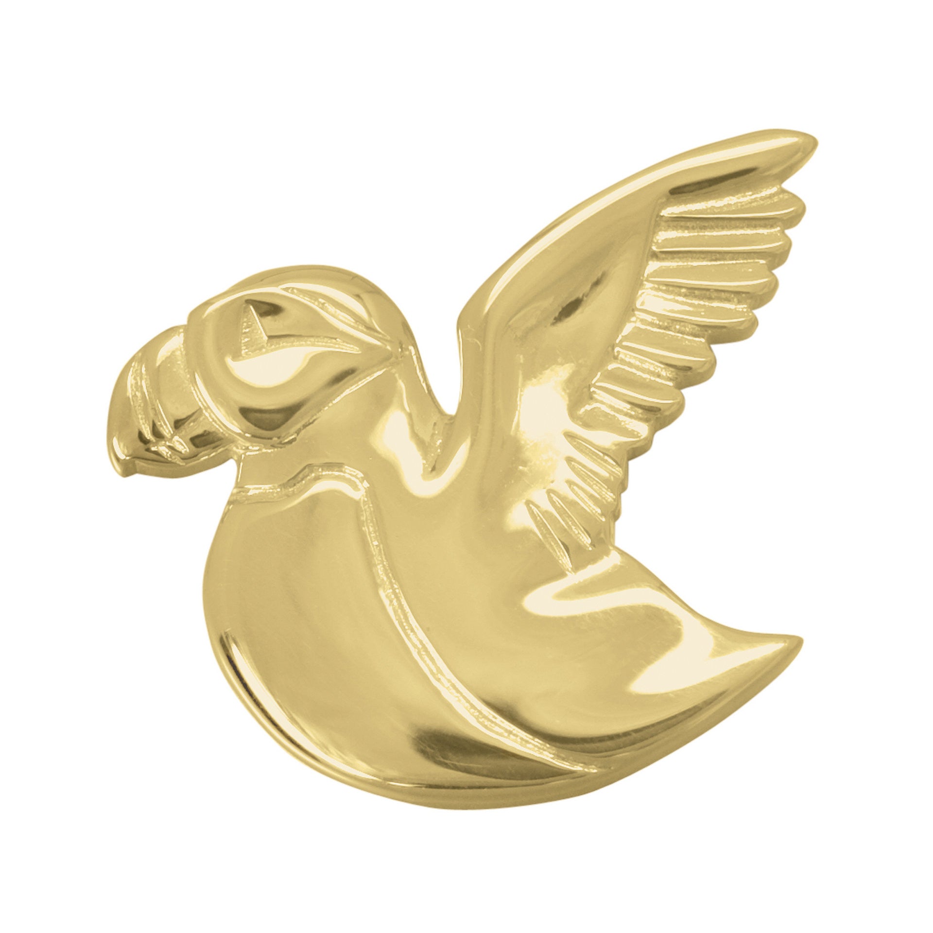 A gold brooch in the shape of a Puffin in flight from the Puffin Collection