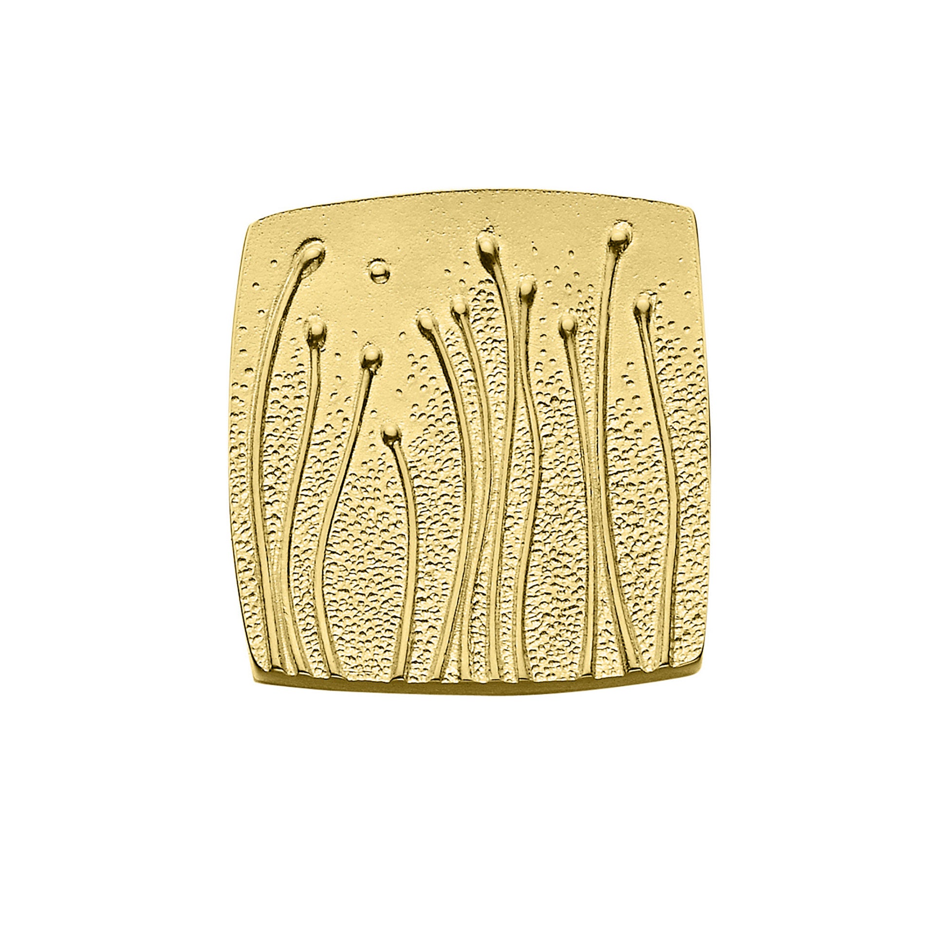A square gold brooch with detailed plant design from the Machair Collection