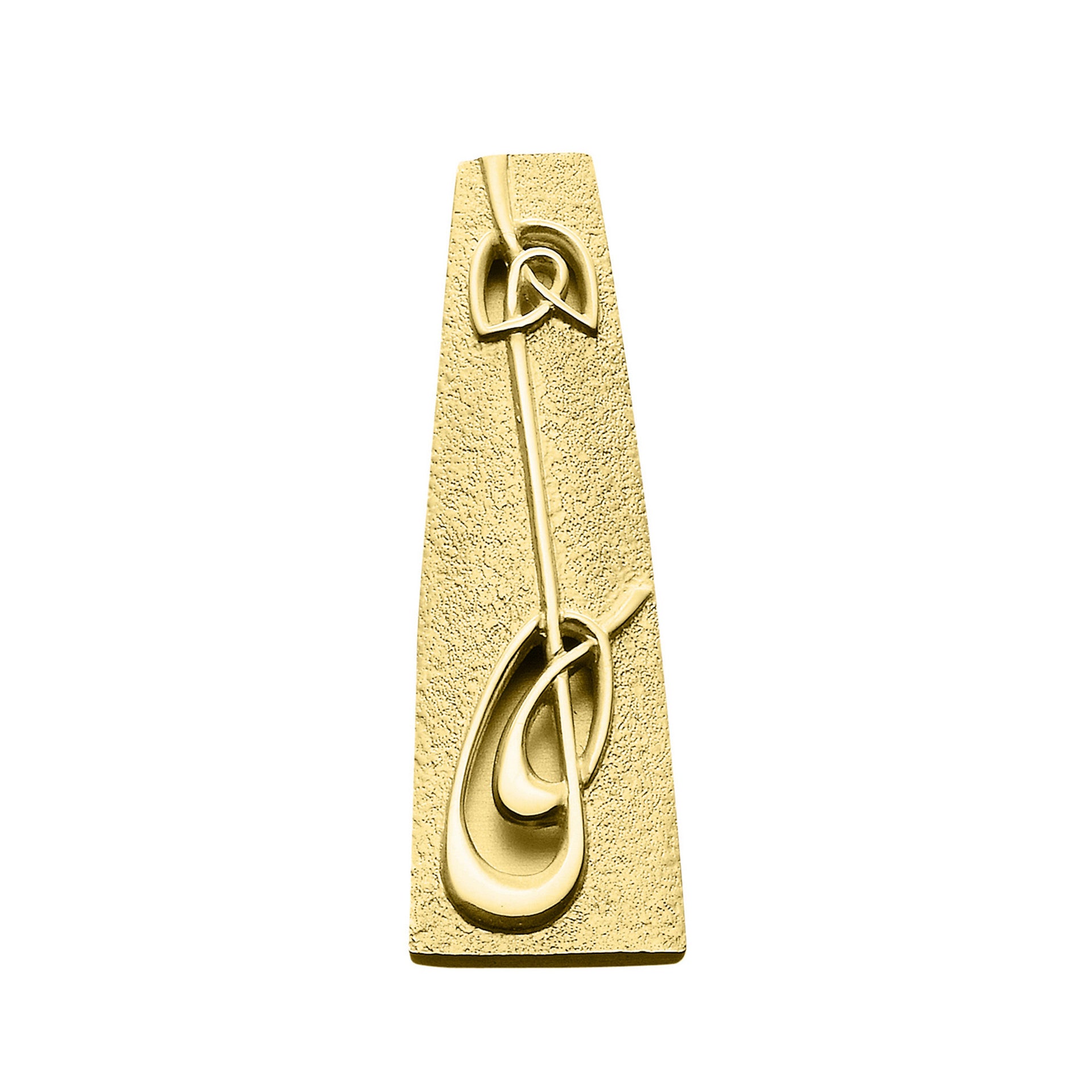A long gold brooch with detailed knotted celtic design from the Aikerness Collection