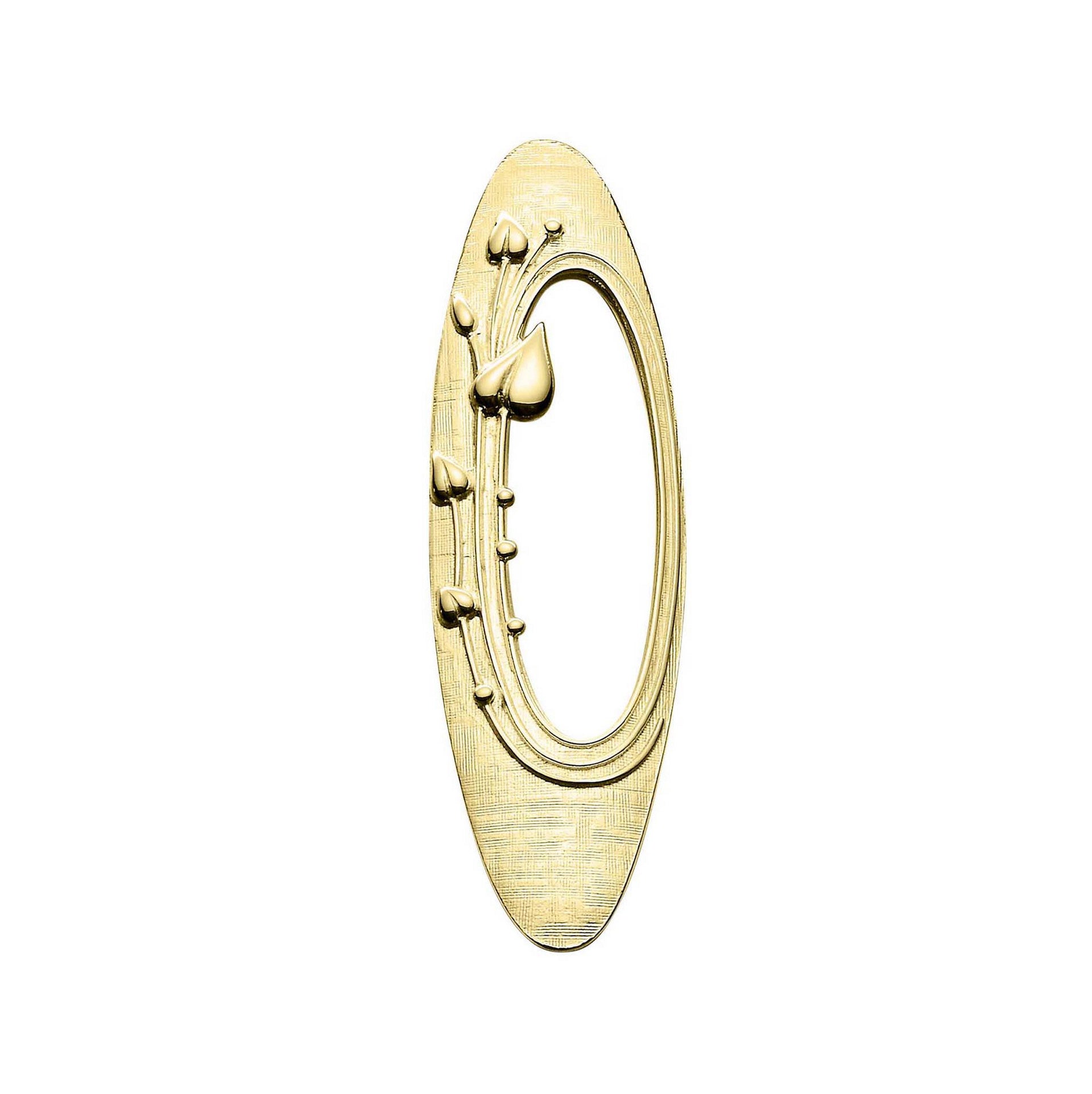 A long oval gold brooch with circular plant design from the May Queen Collection