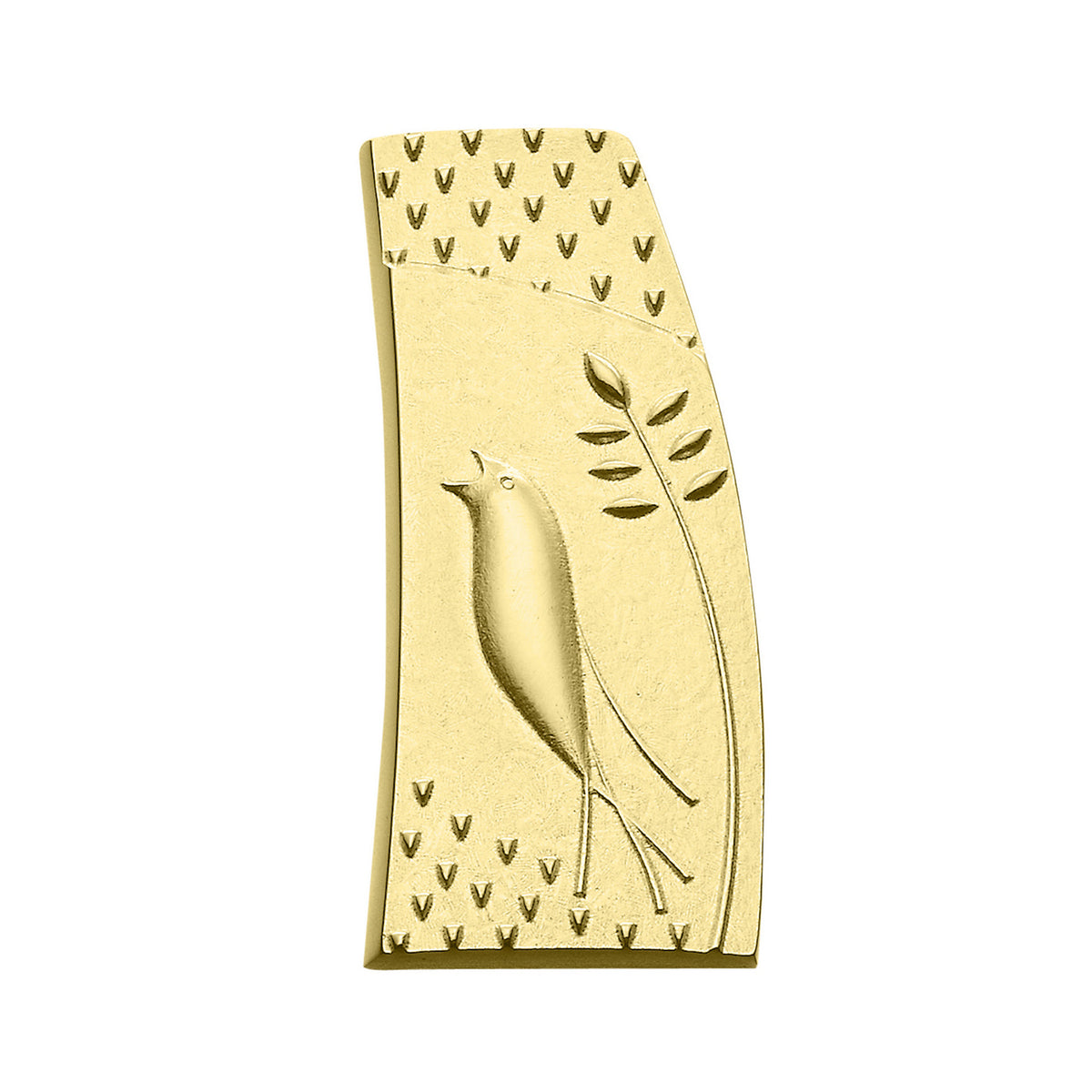 A long gold brooch with singing bird design from the Meadowlark Collection