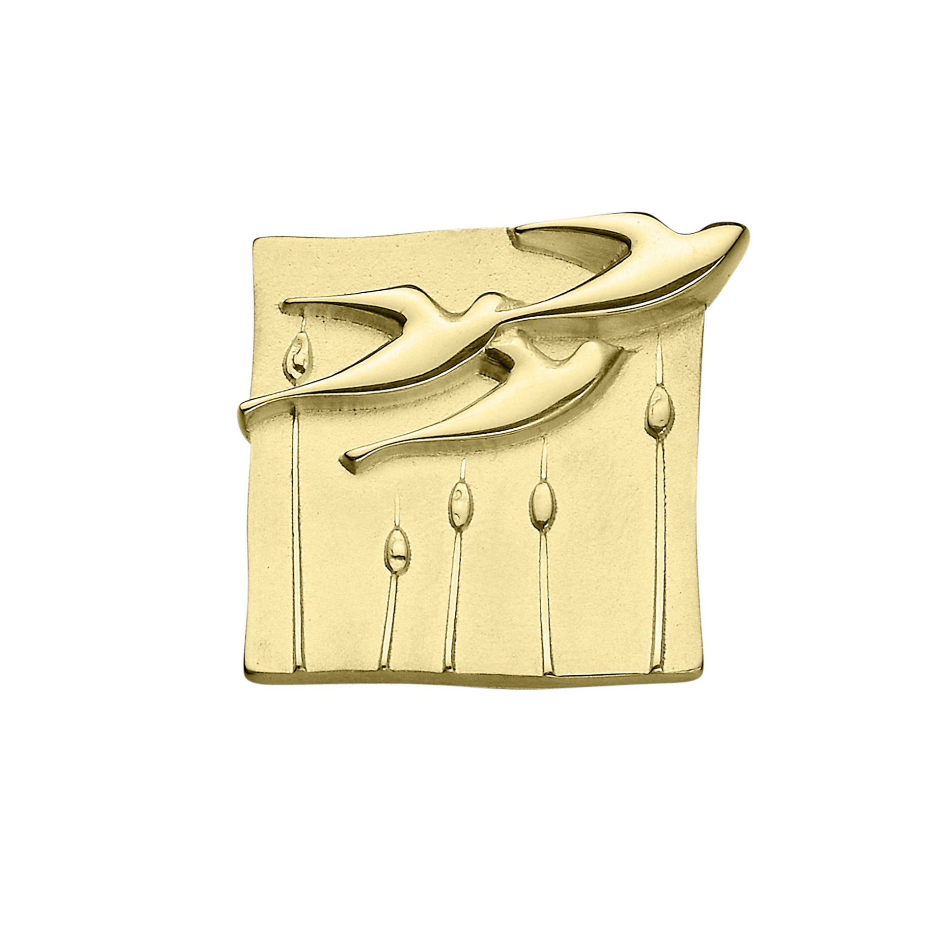 A gold brooch with a geometric pattern of birds and grasses, from the Birdland Collection