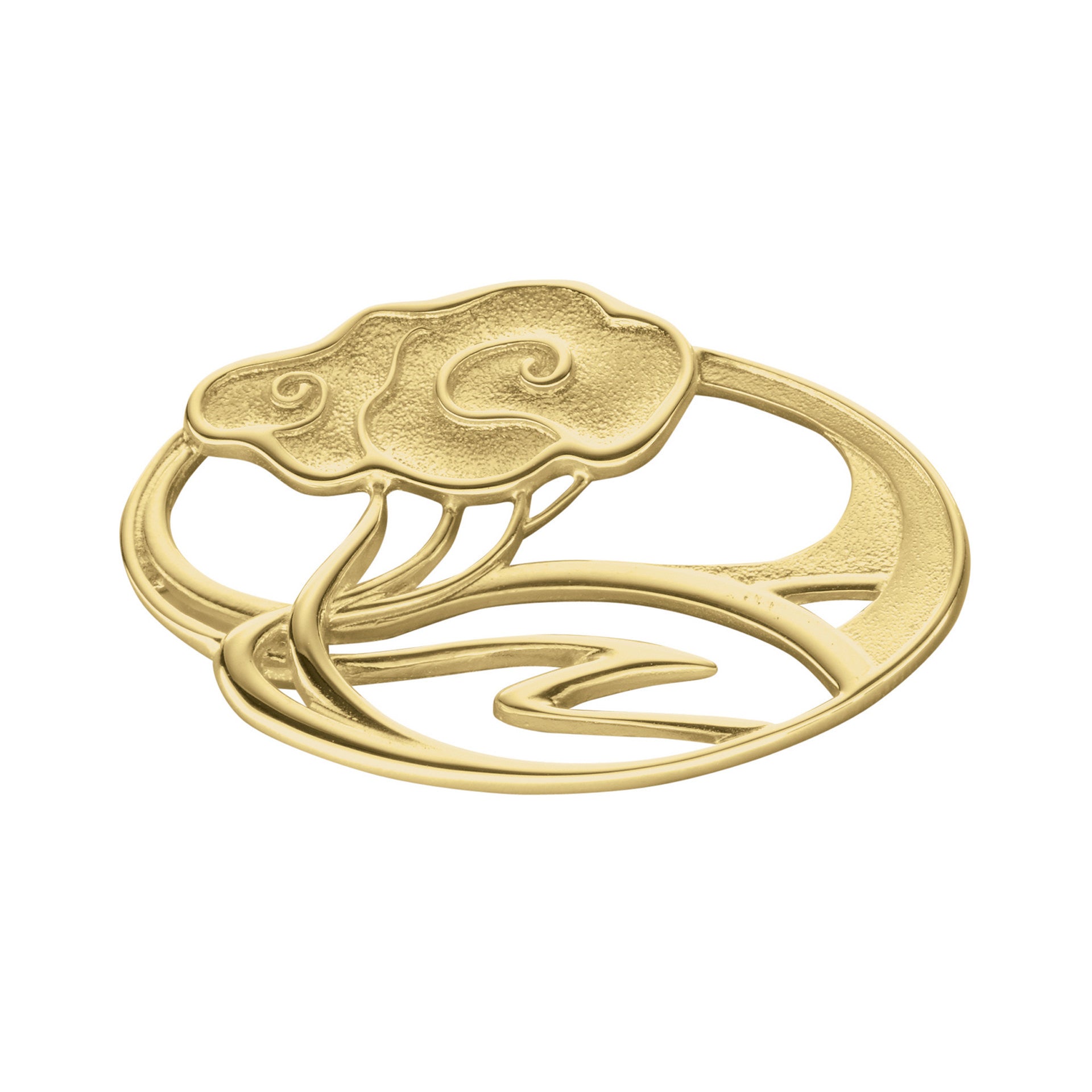 A circular gold brooch with detailed flower design from the Happy Valley Collection