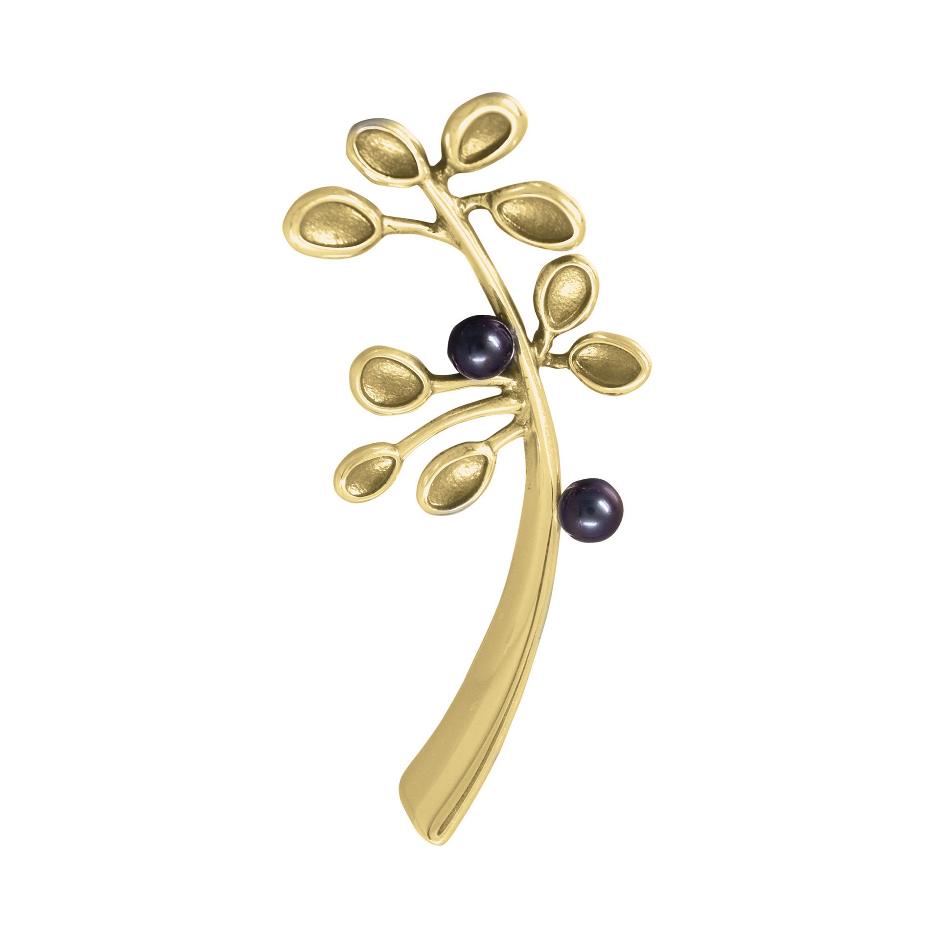 A gold and black pearl brooch with a plant design from the Cloudberry Collection