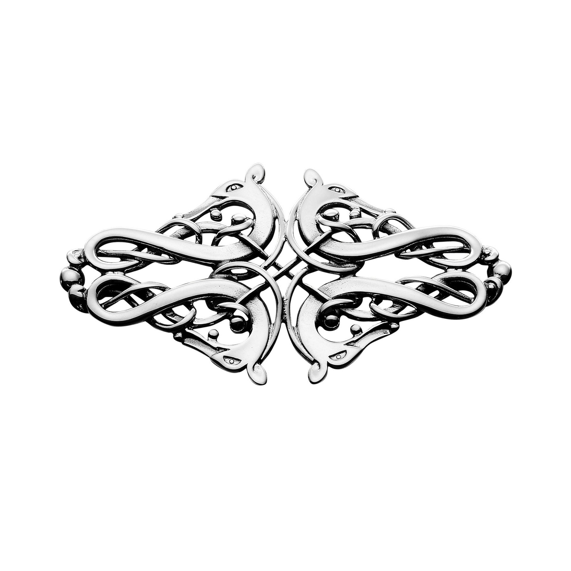 A silver brooch with a Viking-inspired design featuring intertwined animal heads from the Finnish Beast Collection