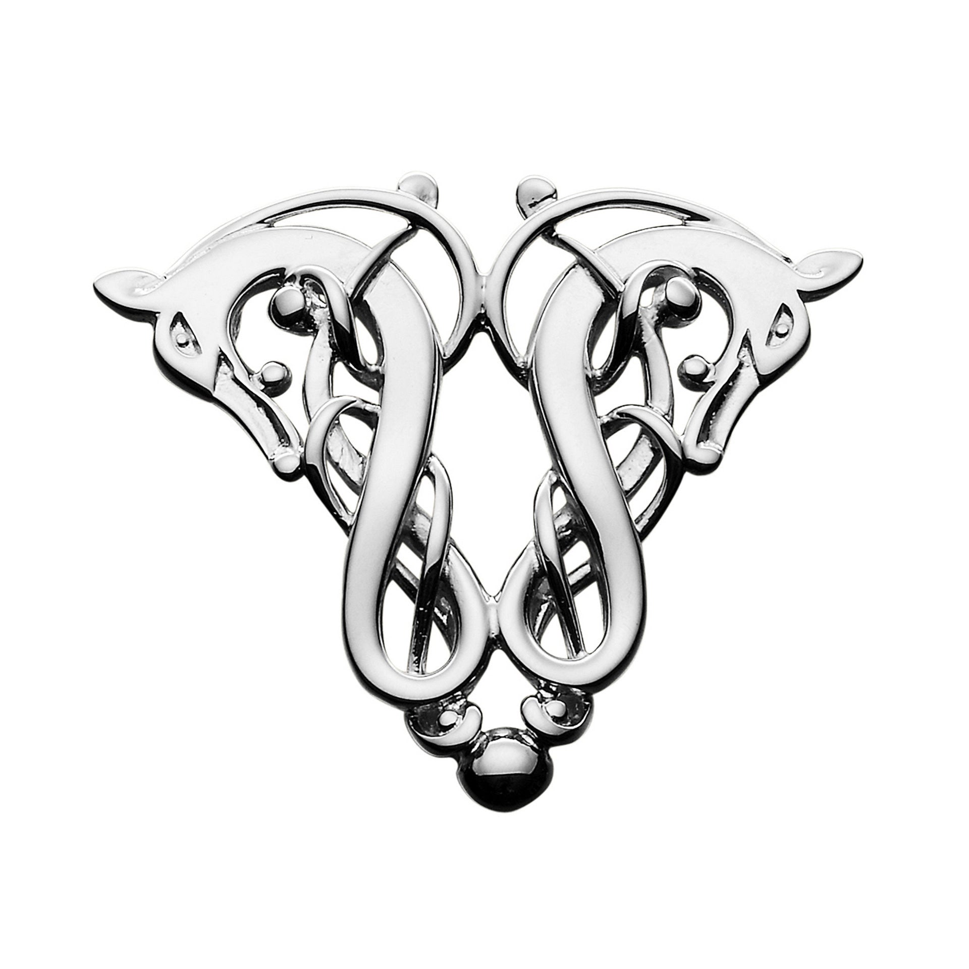 A silver brooch with a Viking-inspired design featuring intertwined animal heads.