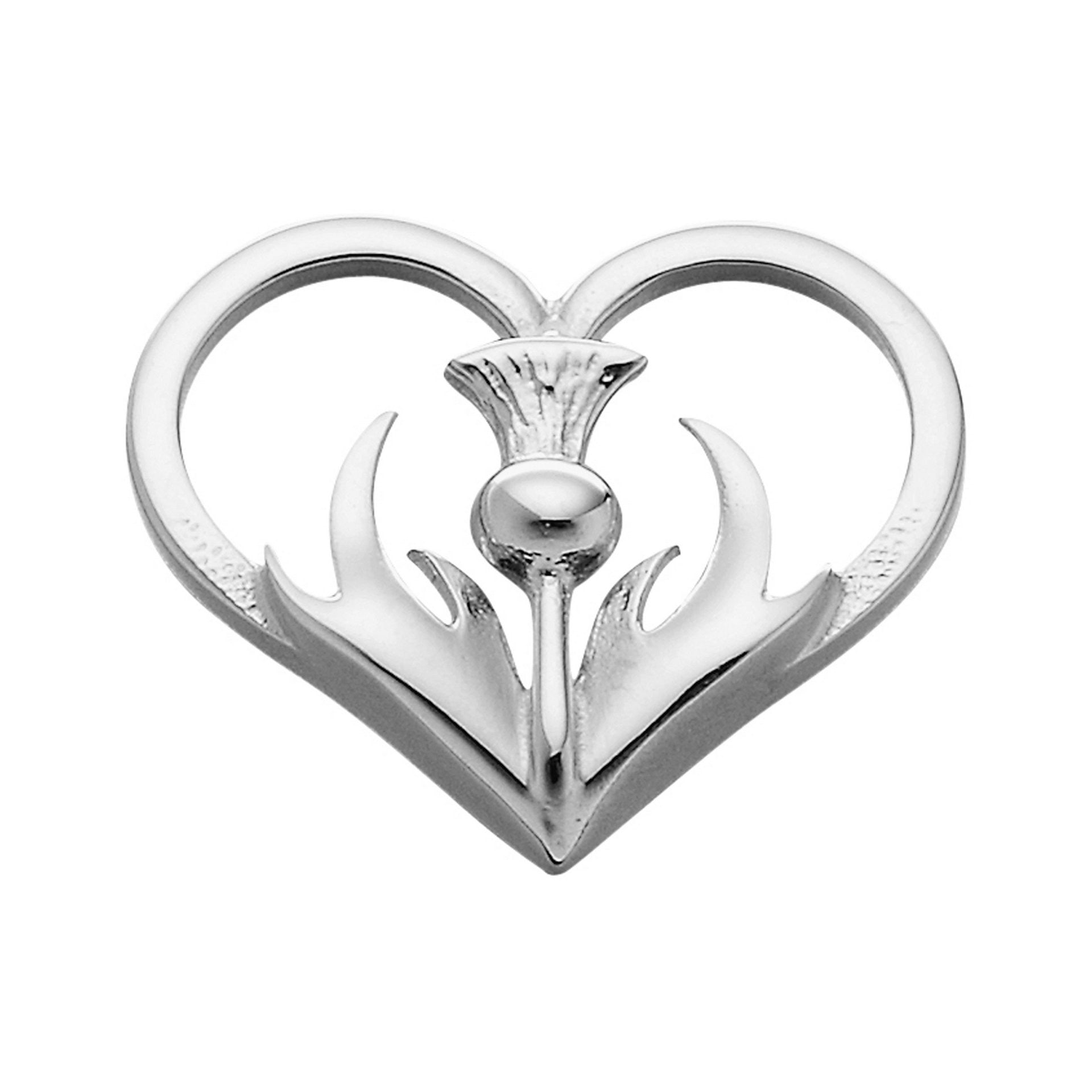A silver heart shaped brooch with a central thistle design