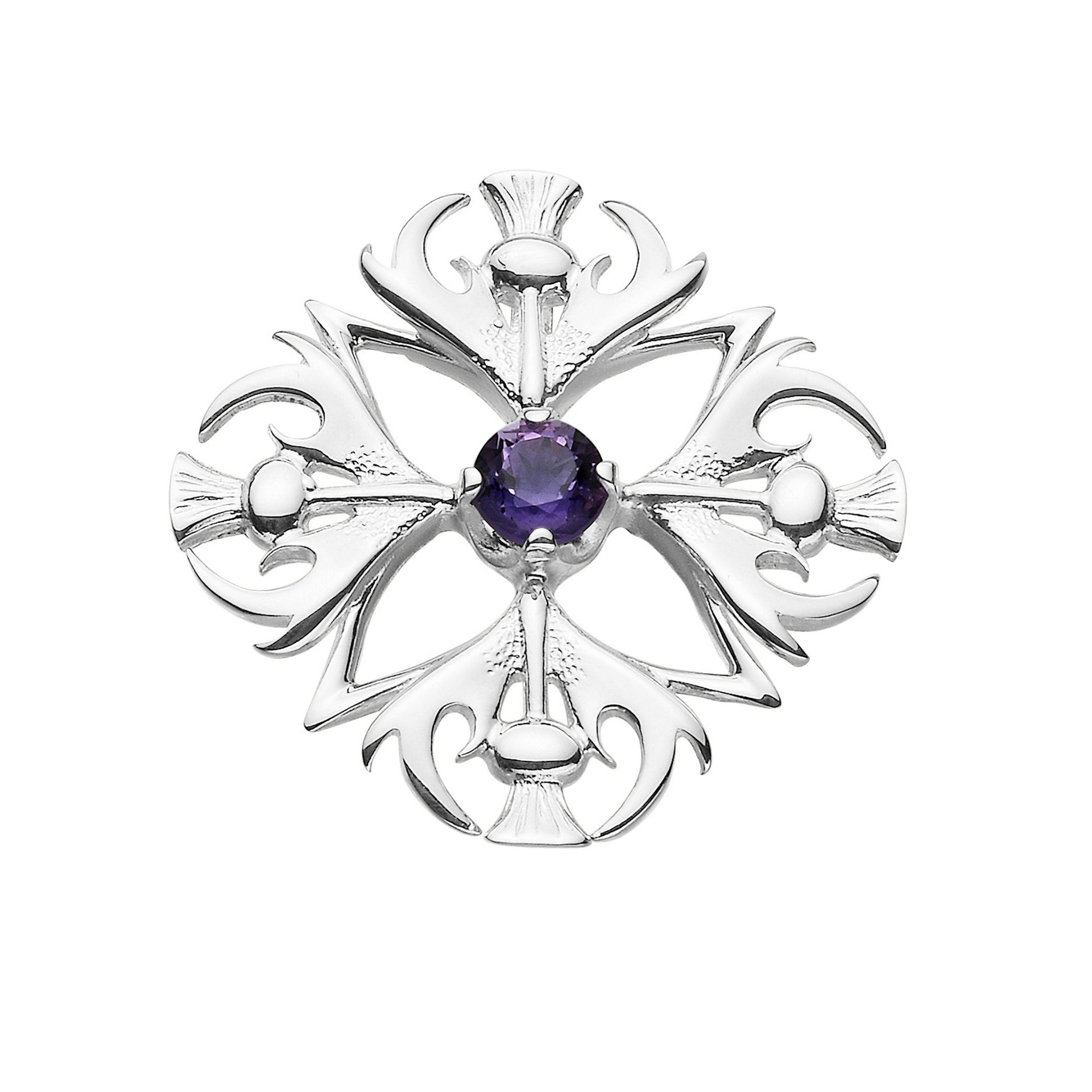 A silver brooch featuring a central amethyst stone, surrounded by thistle-shaped silver designs.
