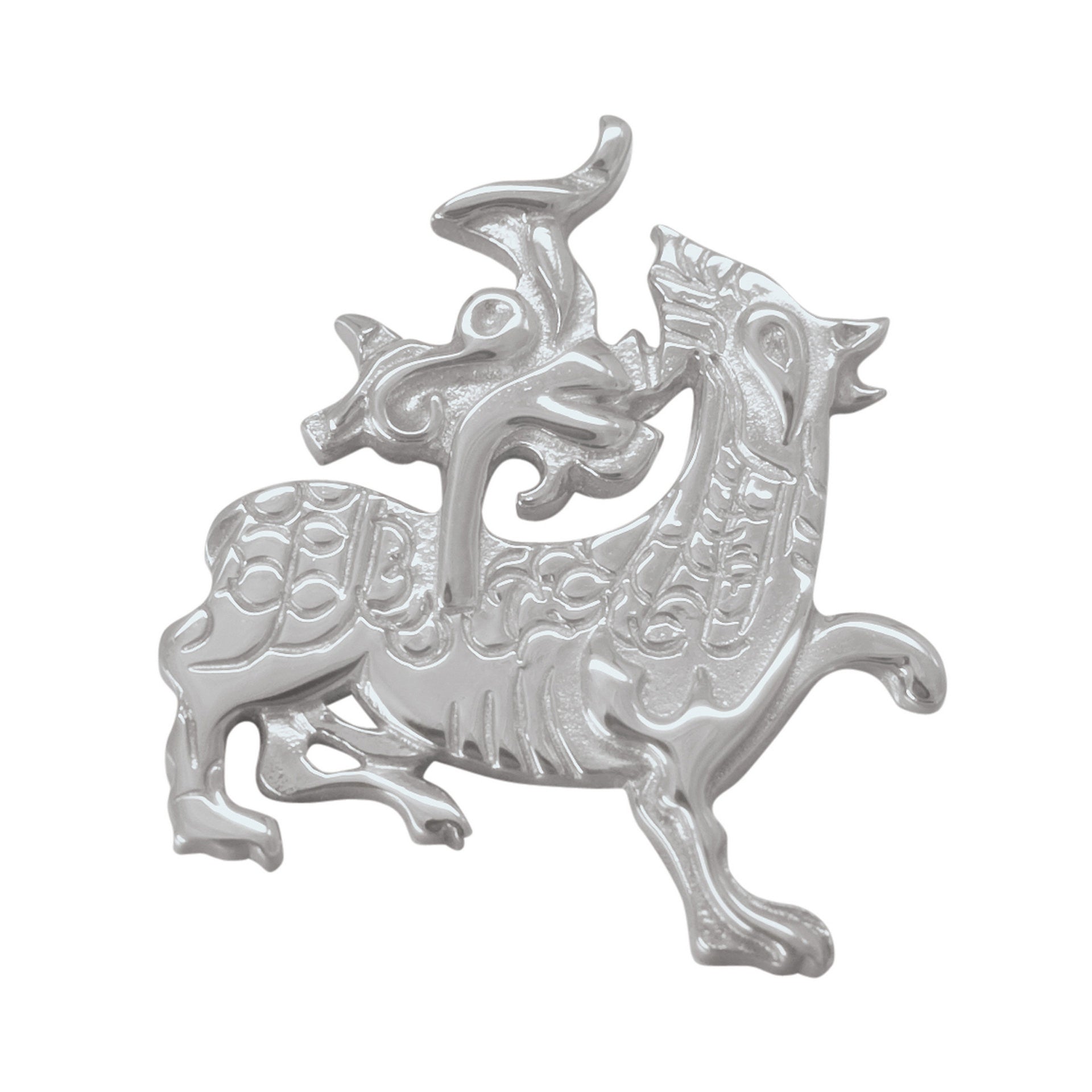 A silver brooch with detailed dragon design from the Maes Howe Dragon Collection
