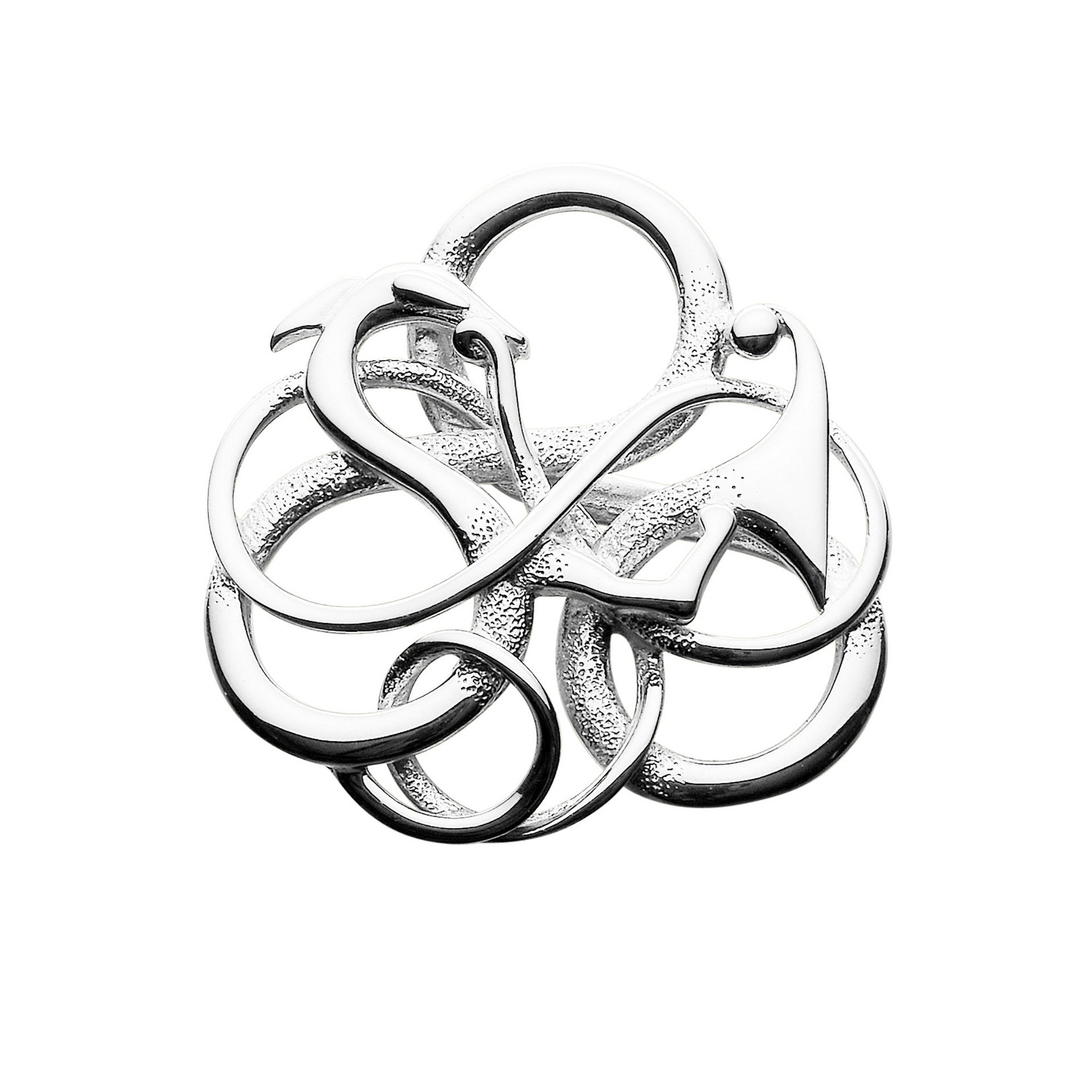A silver brooch with an intricate interlaced pattern, resembling Viking-era carvings.