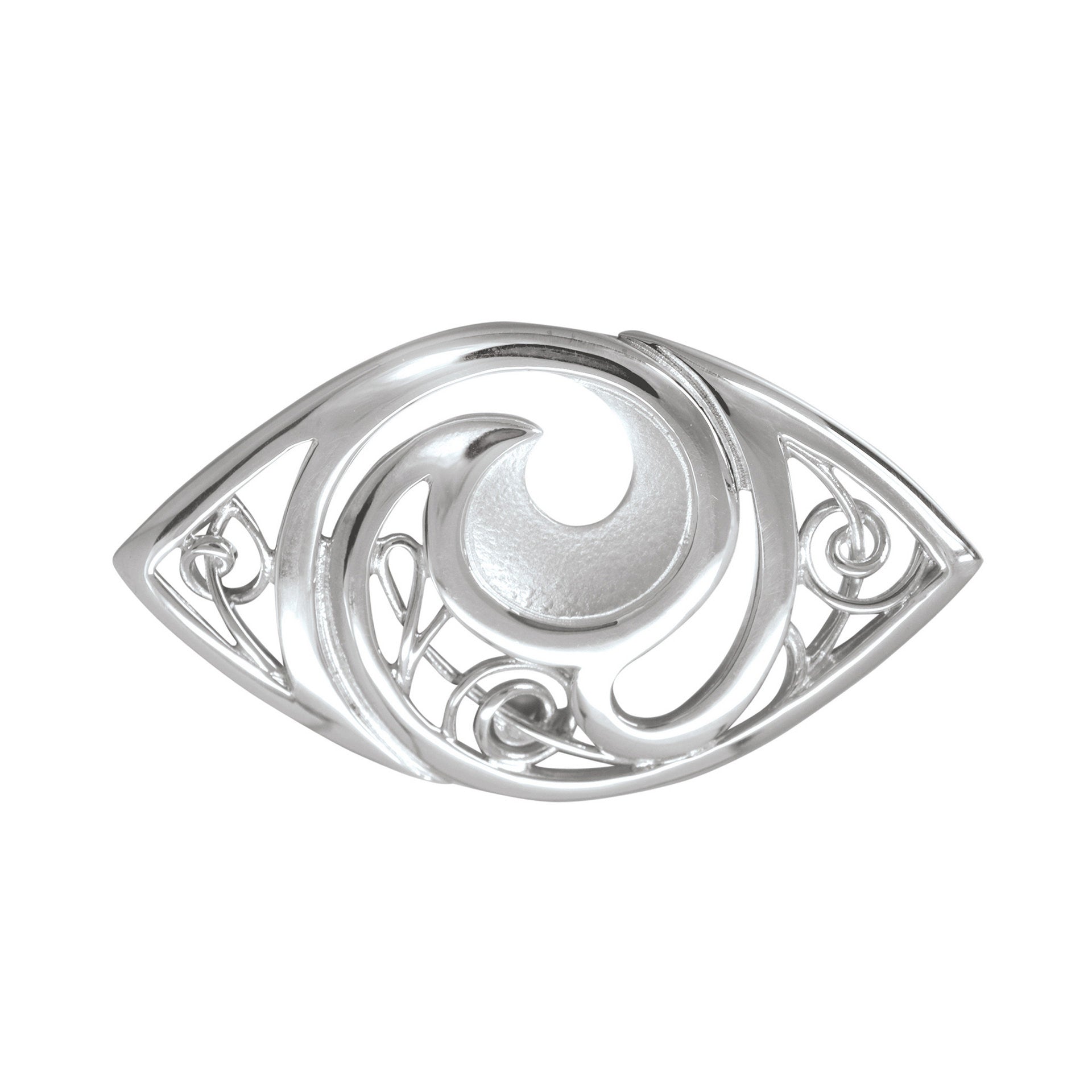 A silver brooch with a intricate knotted swirl design from the Evie Collection
