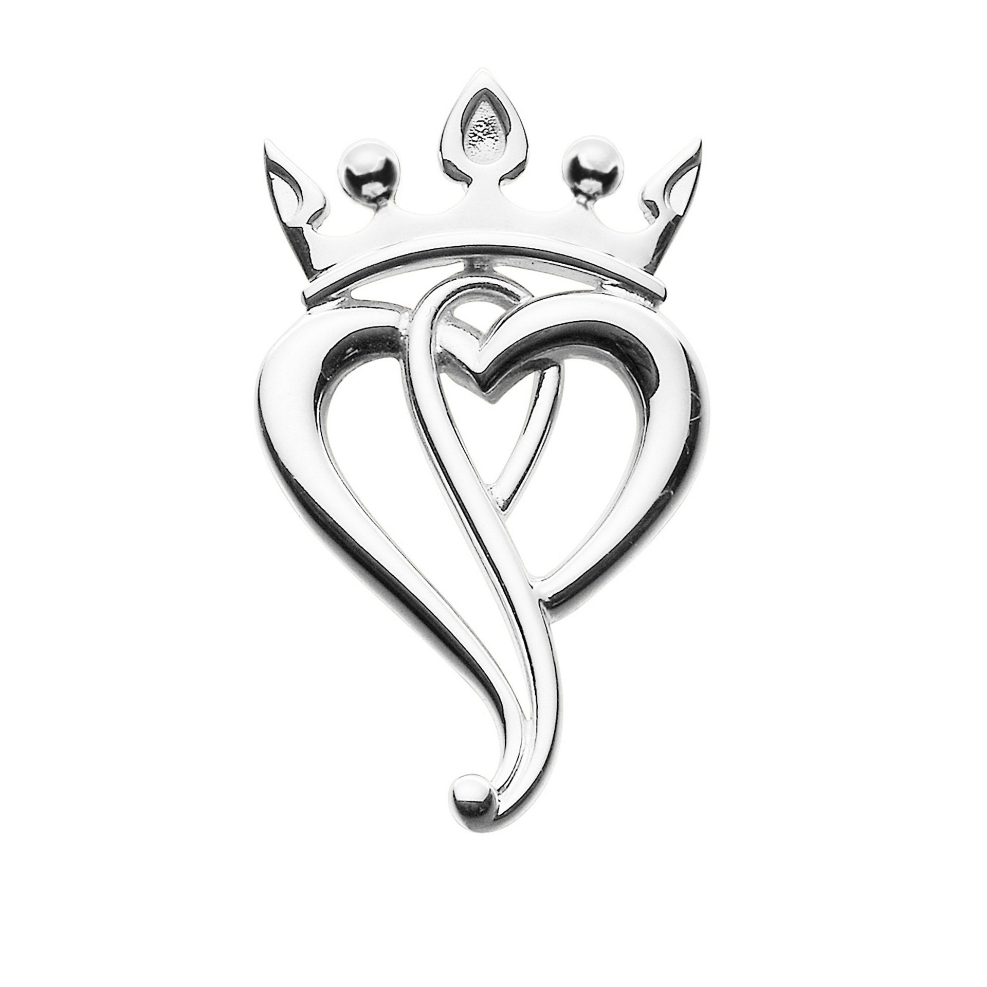 A silver Luckenbooth brooch featuring a heart shape with a crown on top, set against a white background.