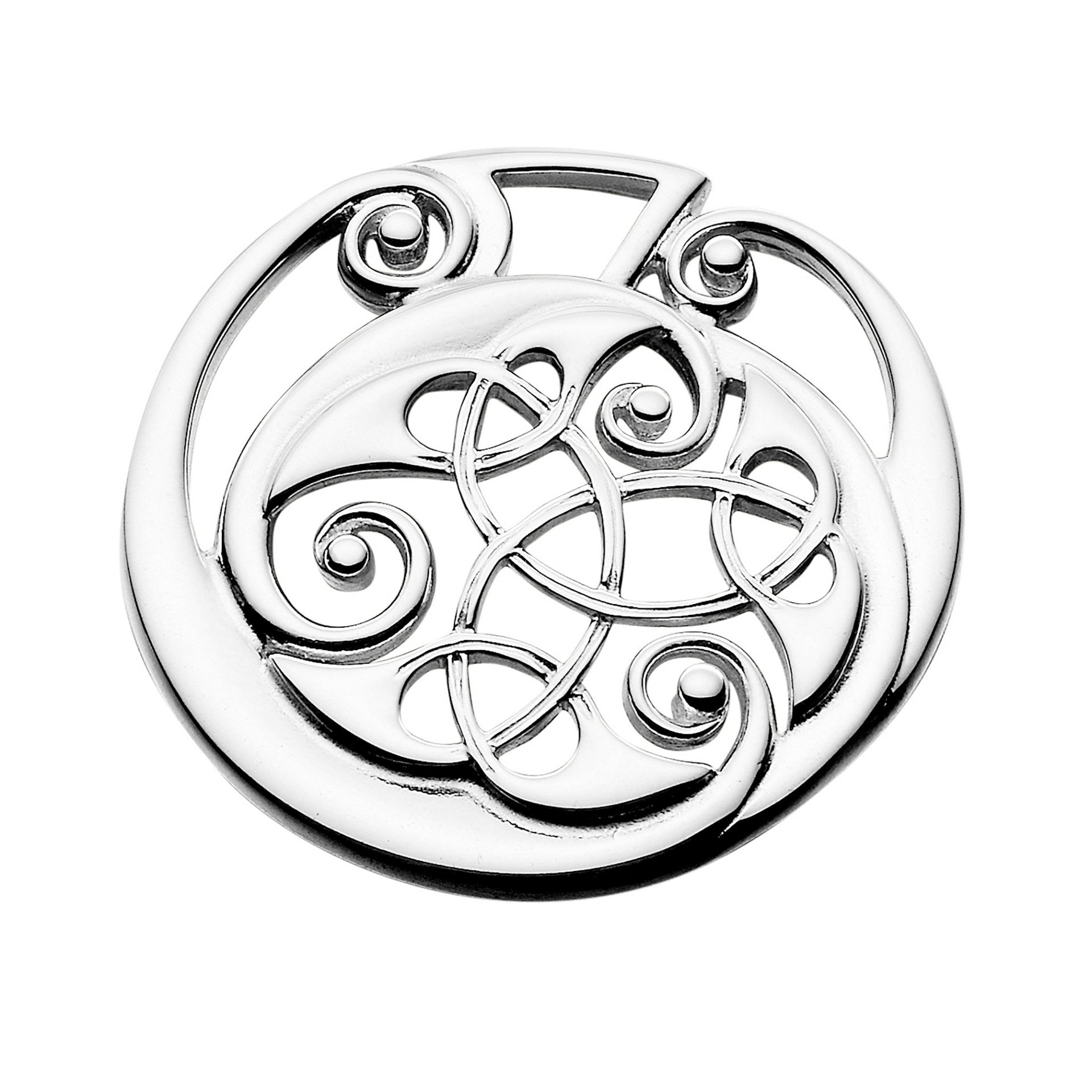 A large silver circular brooch with detailed geometric design from the Kells Collection