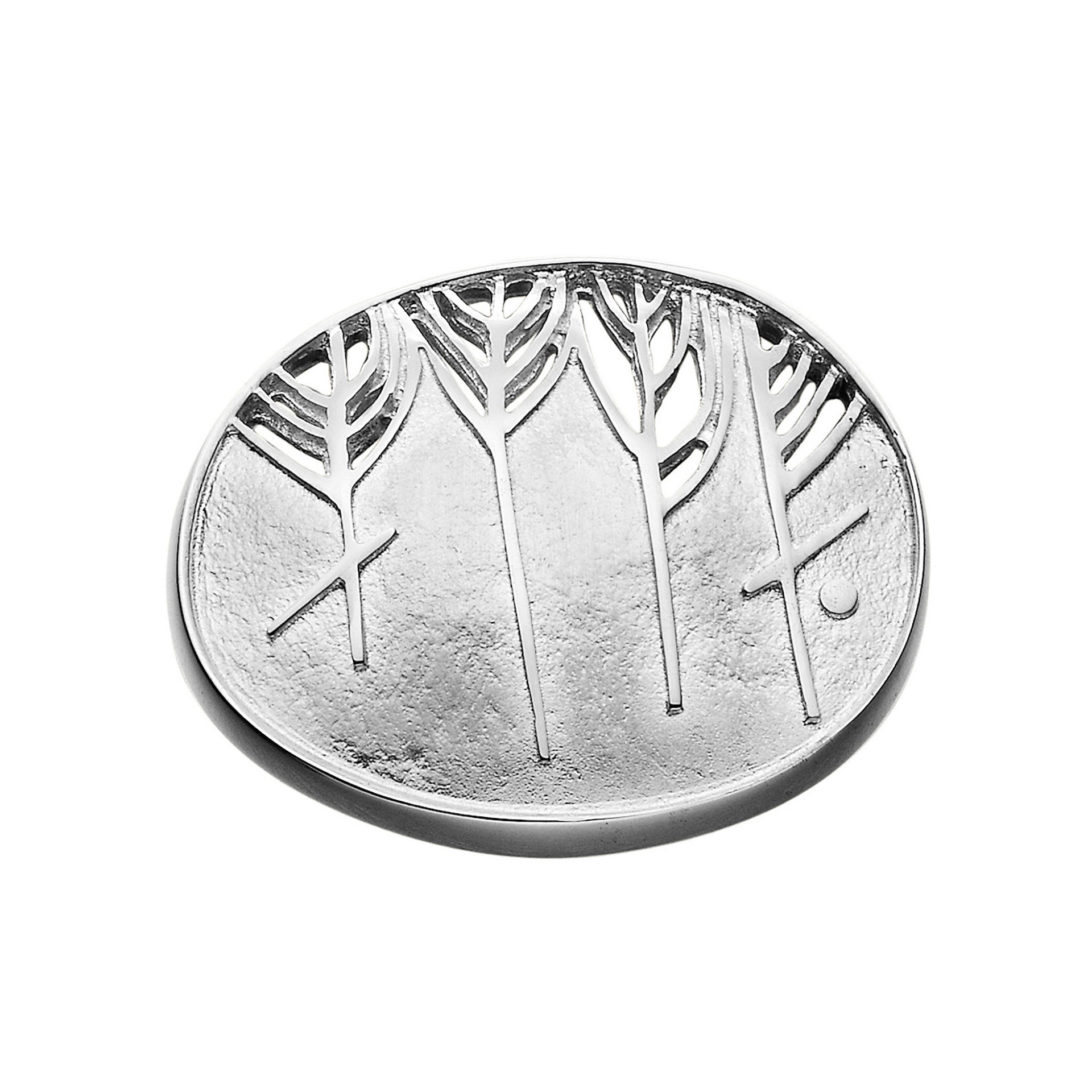 A circular silver brooch with detailed ruins design from the Ingibiorg Collection