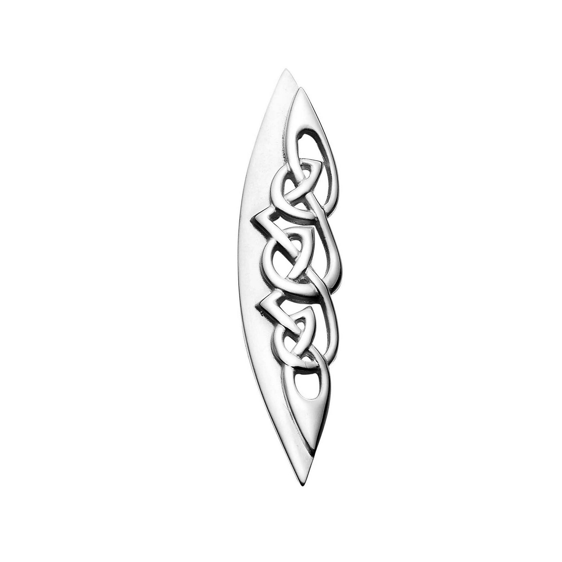 A long oval silver brooch with a knotted Celtic design