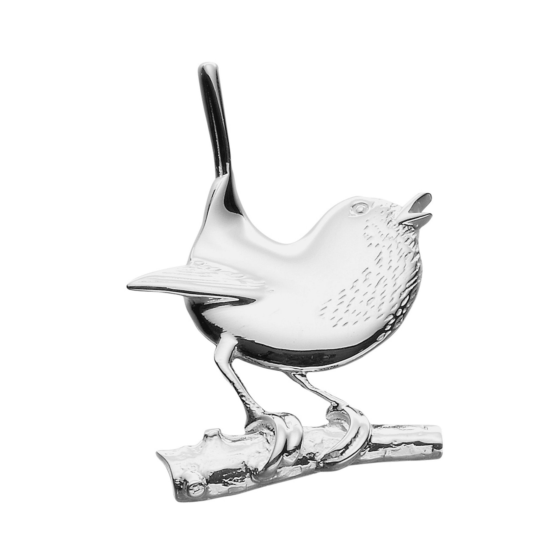 A silver brooch in the shape of a robin perched on a branch.