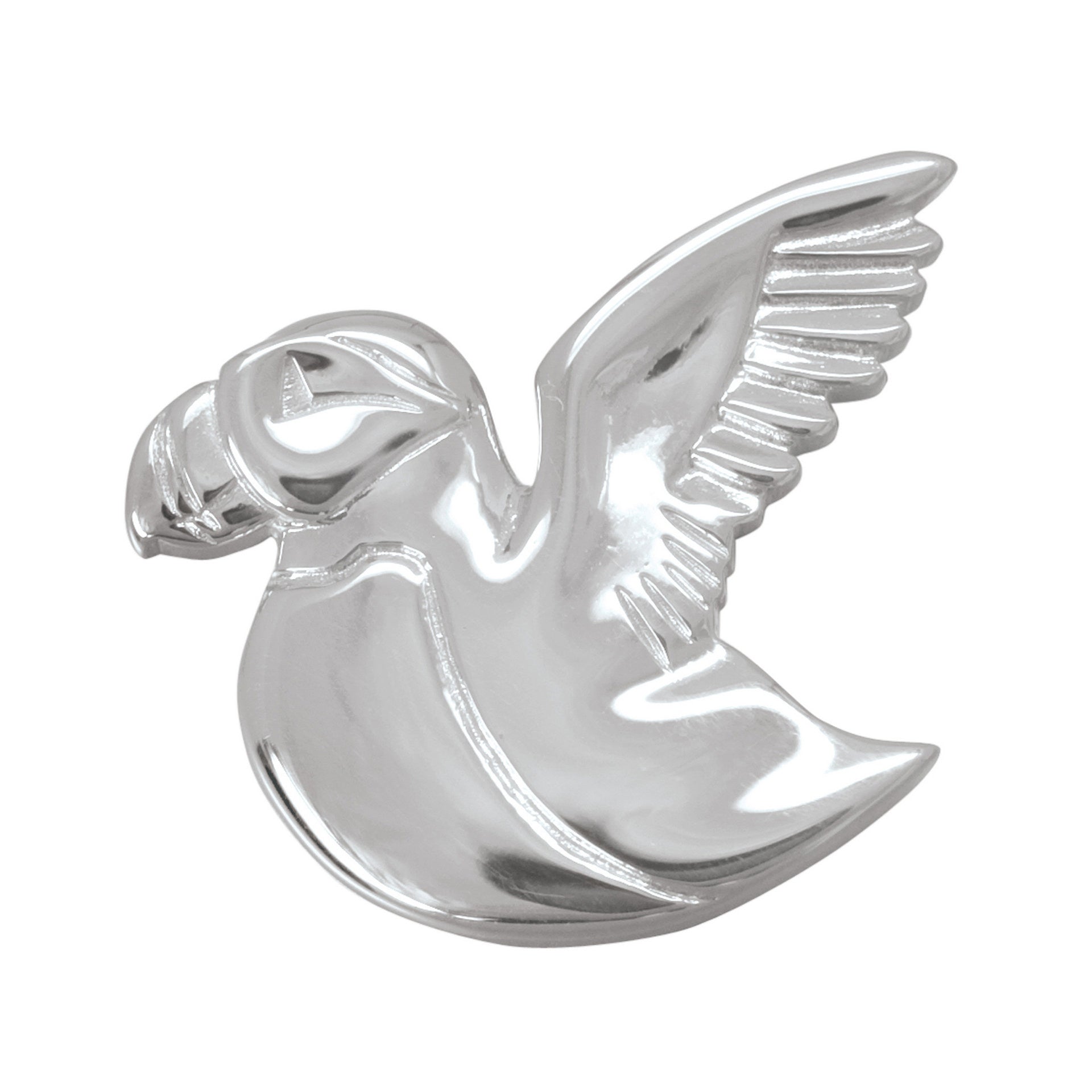 A silver brooch in the shape of a Puffin in flight from the Puffin Collection