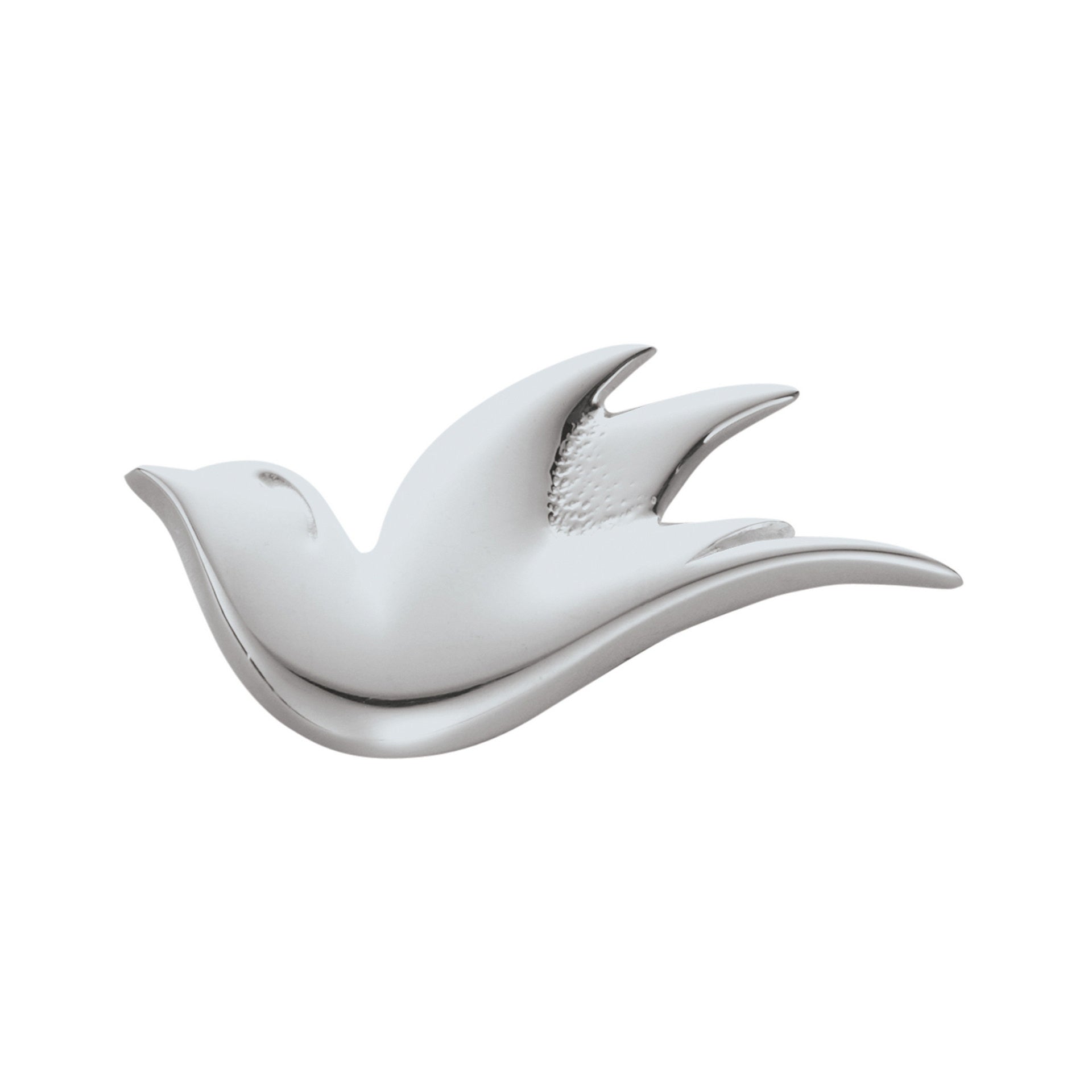 A silver brooch with detailed bird design