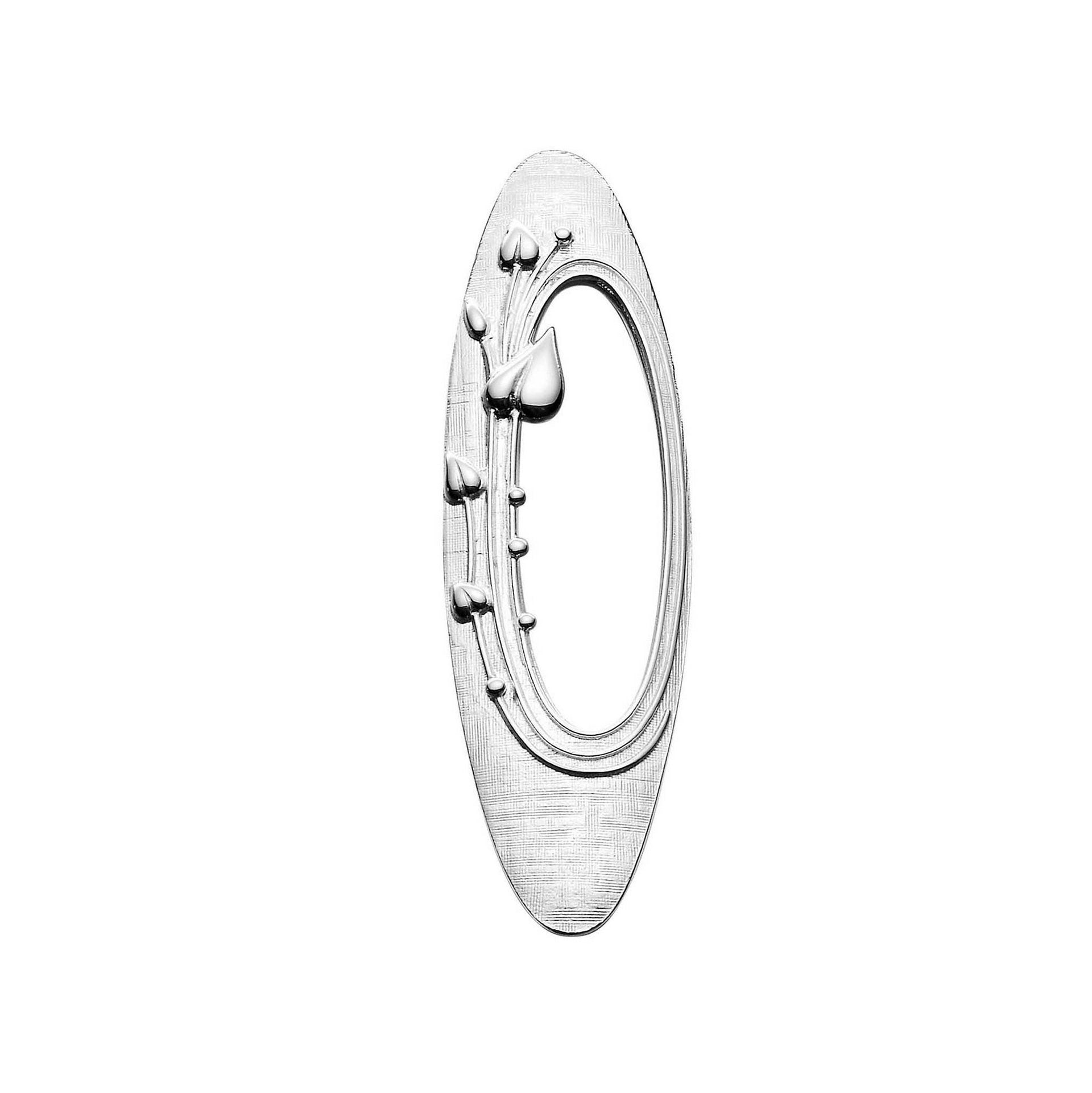 A long oval silver brooch with circular plant design from the May Queen Collection