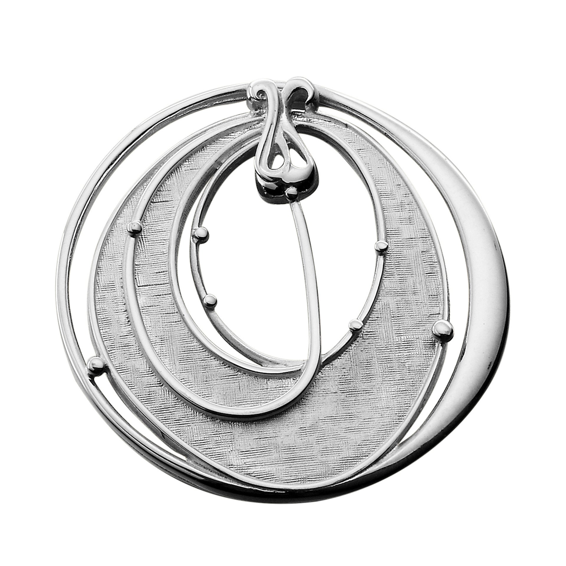 A circular silver brooch with intricate circular design from the May Queen Collection