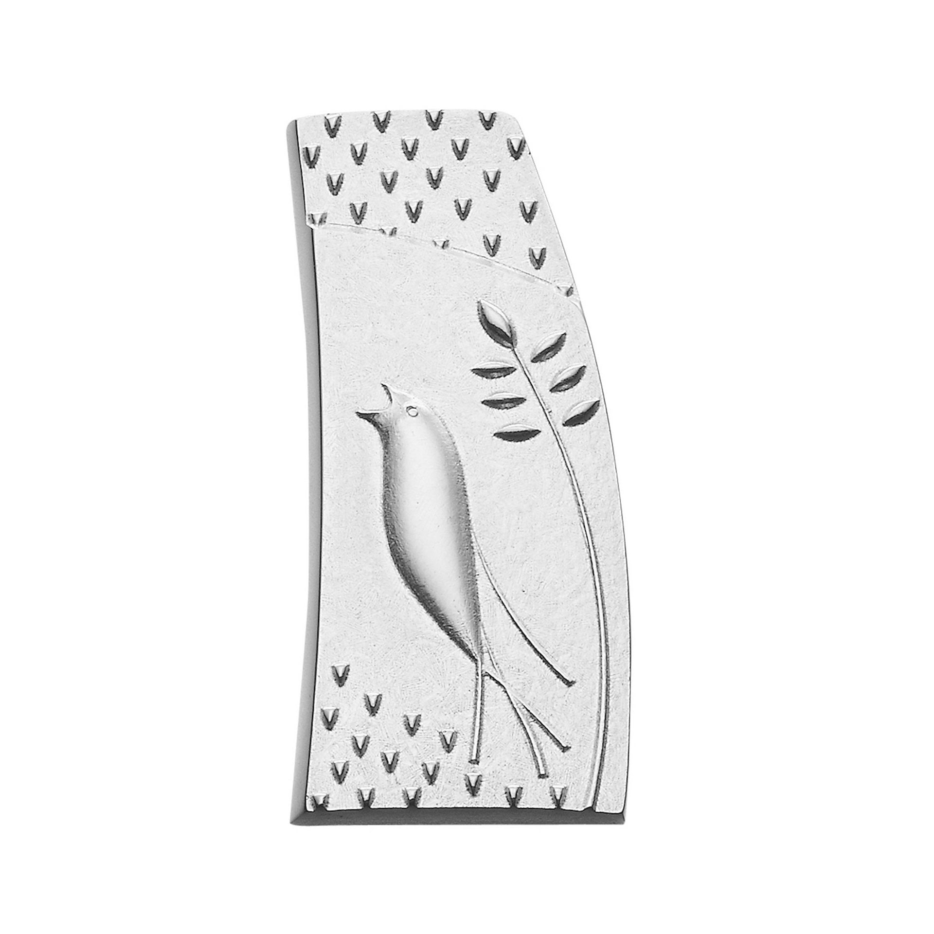 A long silver brooch with singing bird design from the Meadowlark Collection