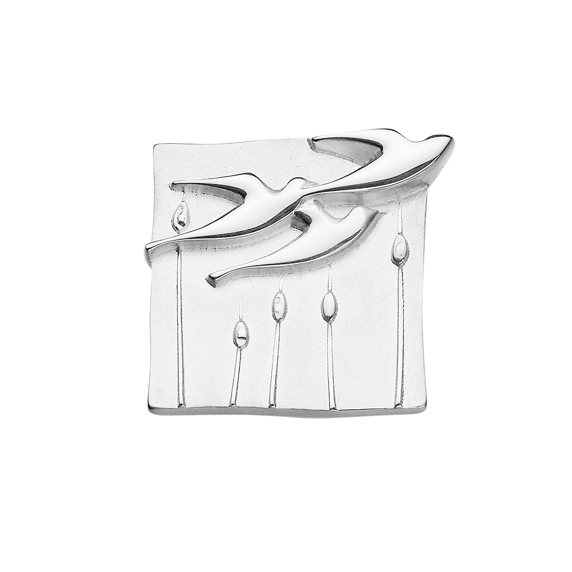 A silver brooch with a geometric pattern of birds and grasses, from the Birdland Collection