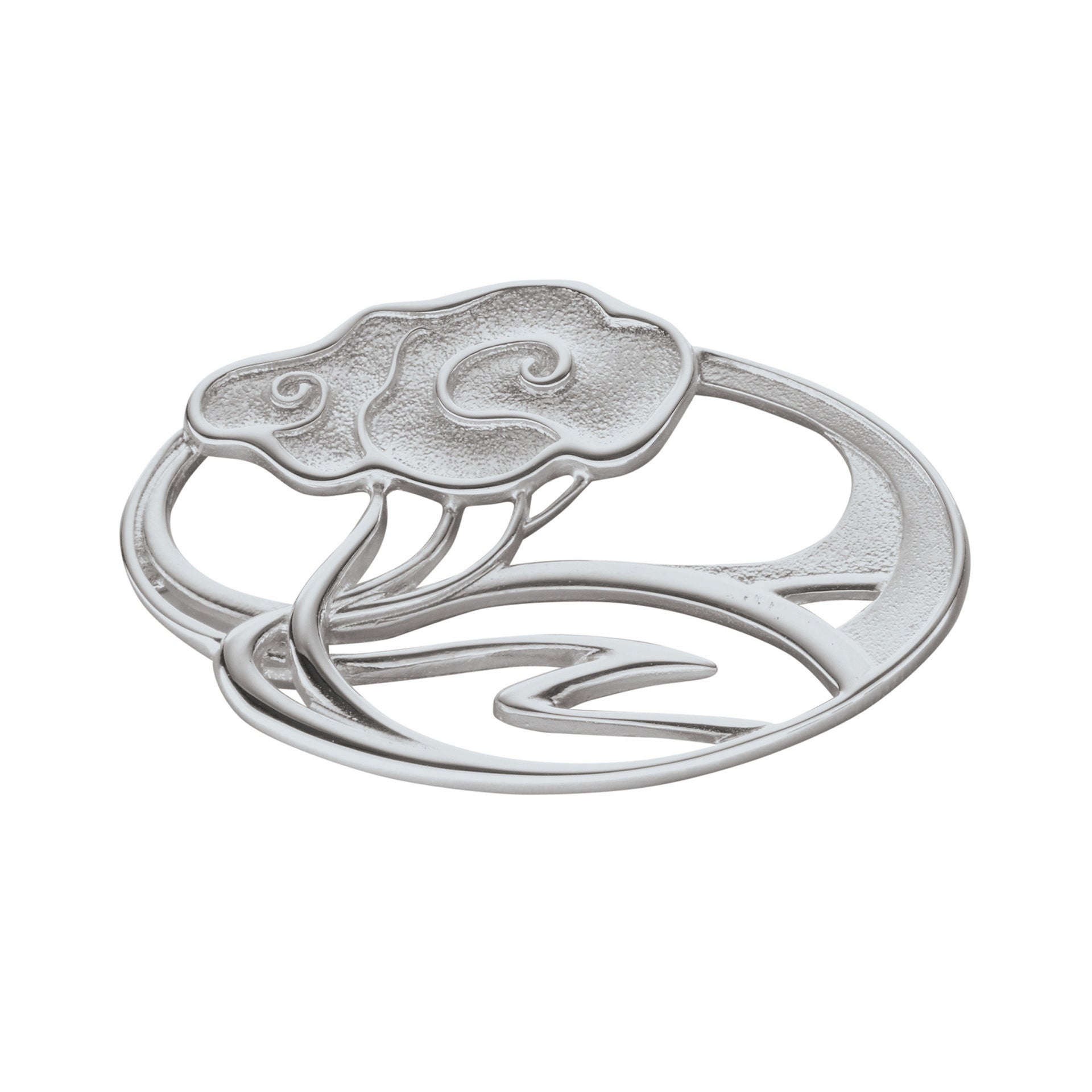 A circular silver brooch with detailed flower design from the Happy Valley Collection