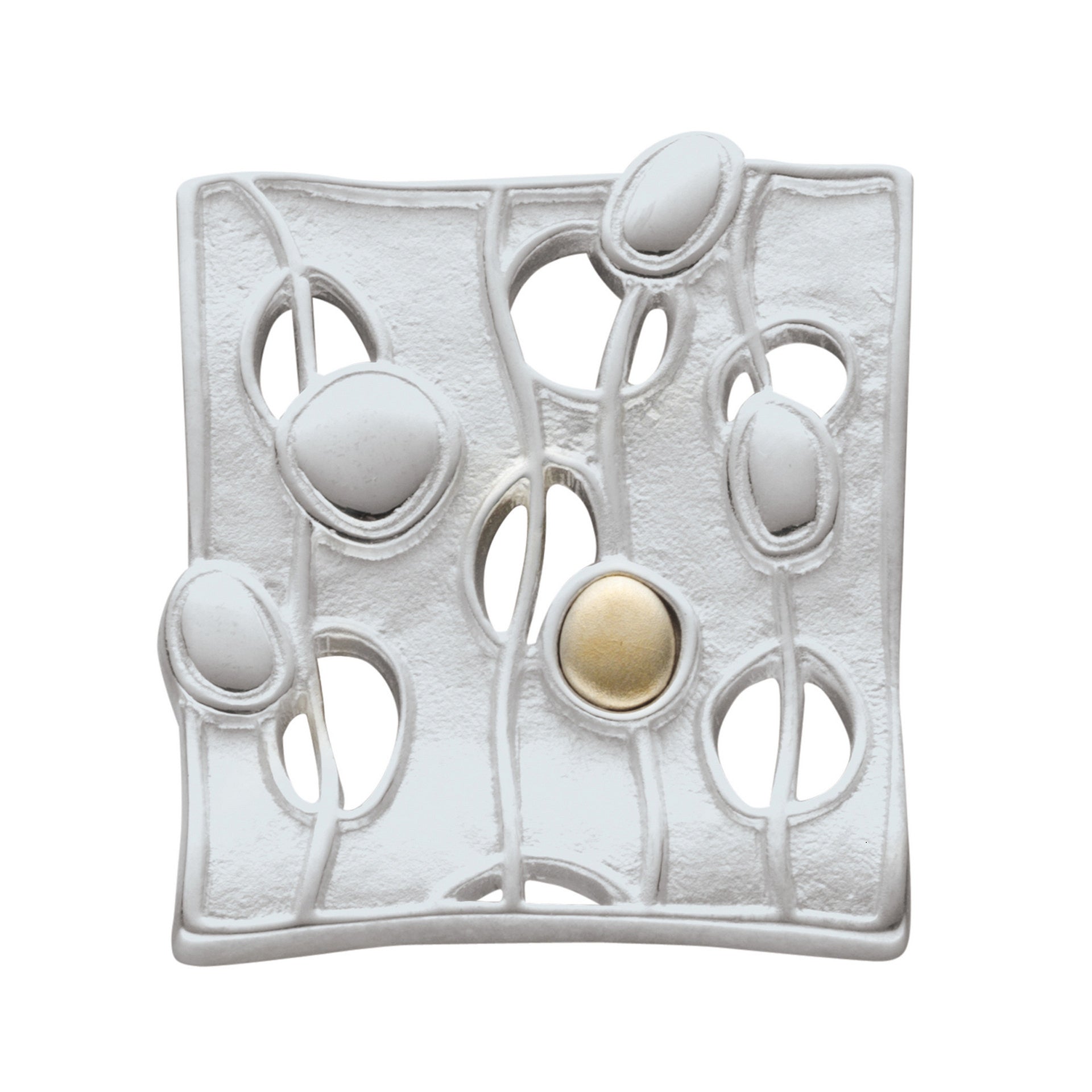 A square silver brooch features a water flow design and a gold detail is from the Flow Collection