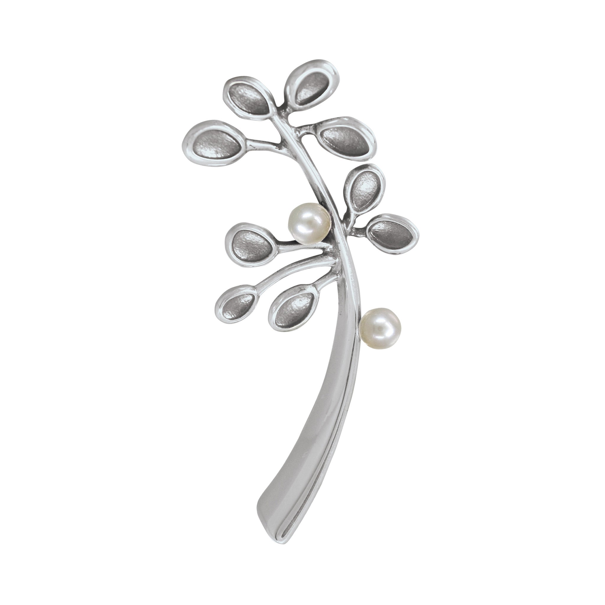 A silver brooch with a white pearl, designed in a contemporary style with a leaf-like pattern.
