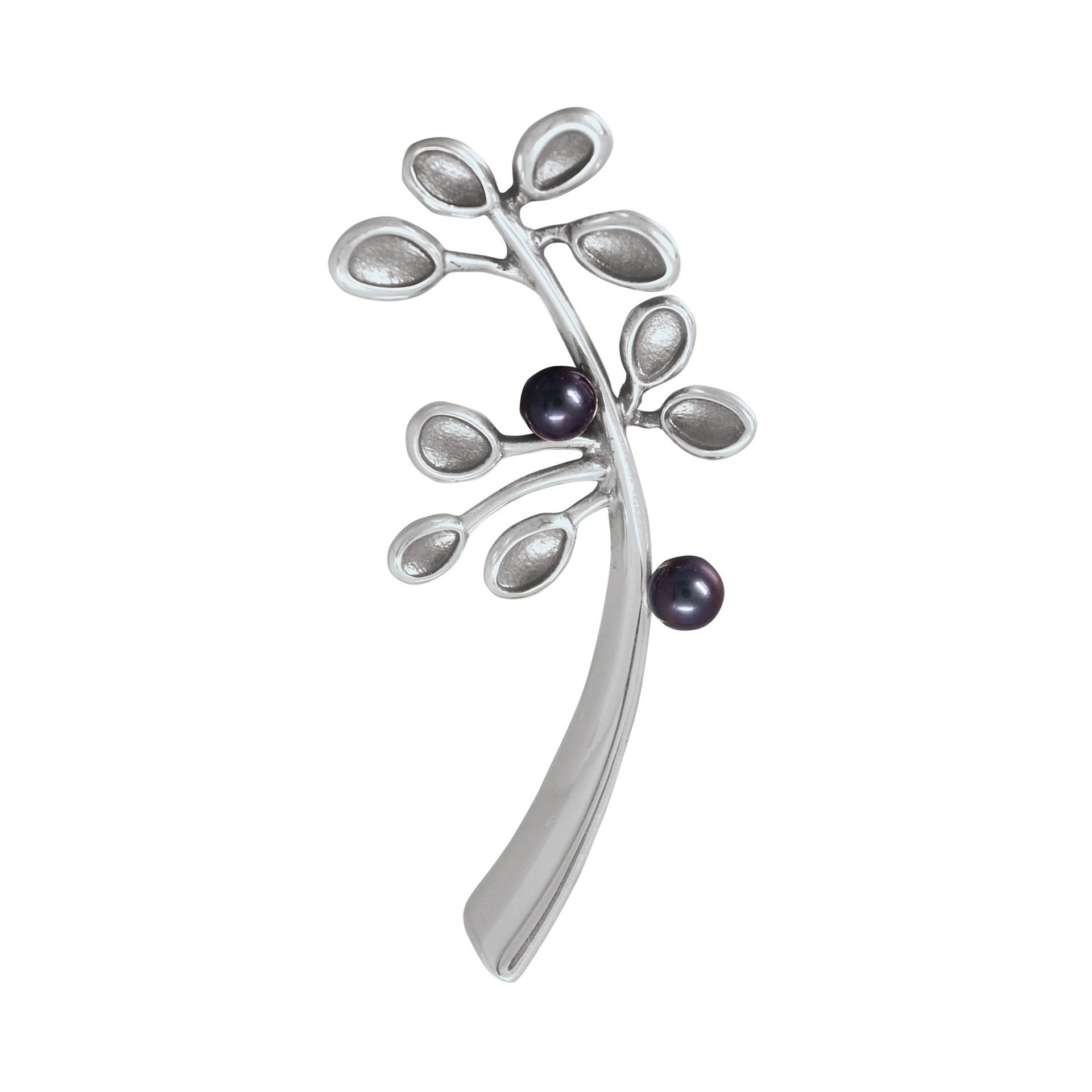 A silver and black pearl brooch with a plant design from the Cloudberry Collection