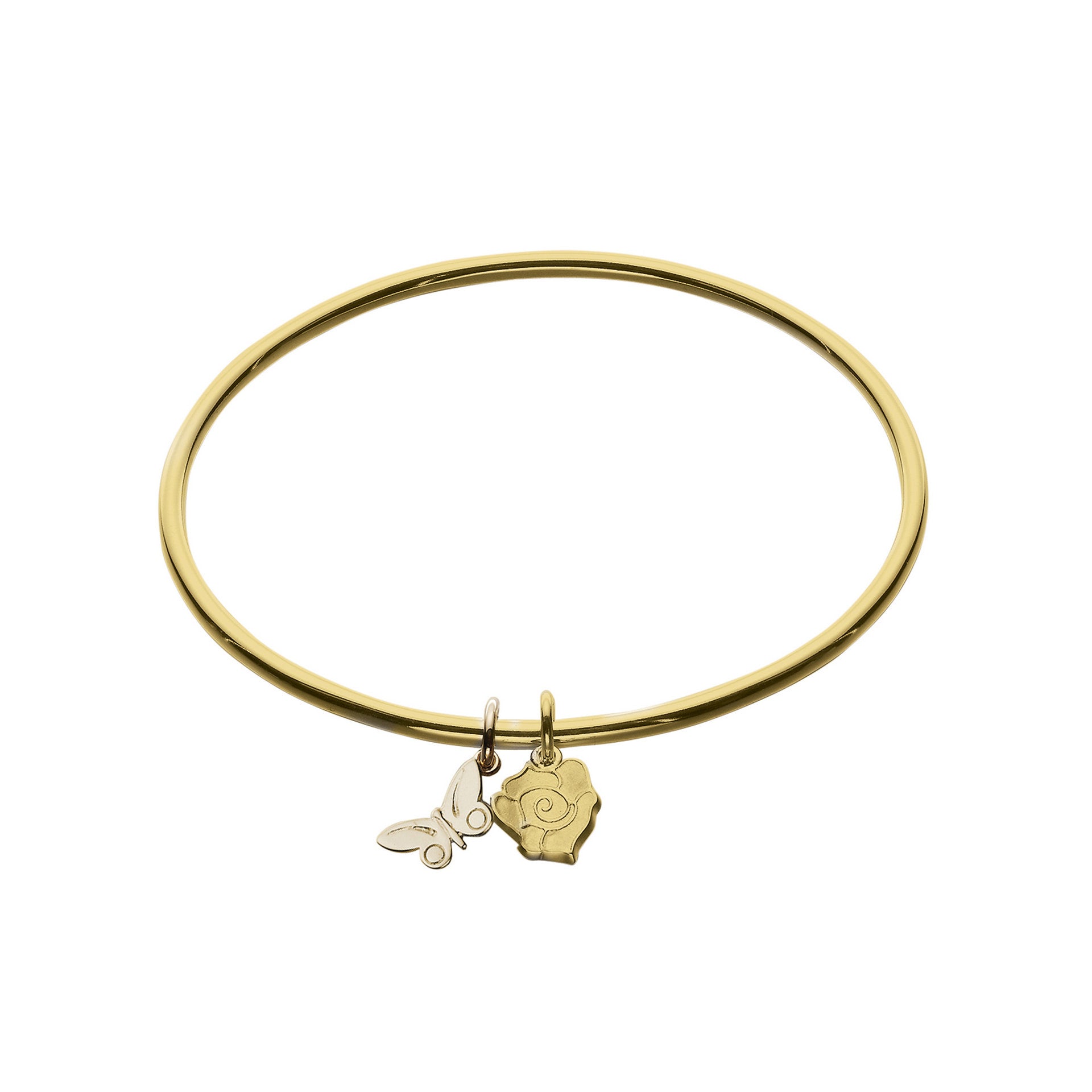 A gold bracelet with a gold rose charm and a silver butterfly