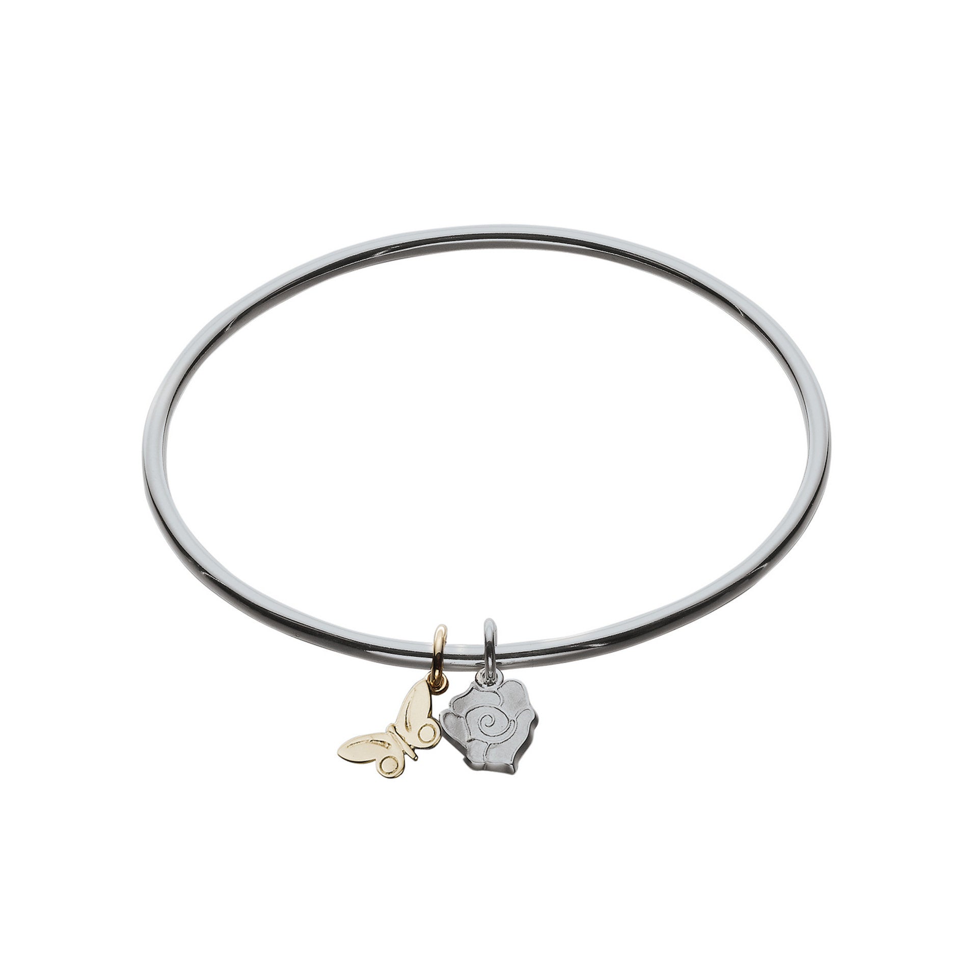 A silver bracelet with a silver rose charm and a gold butterfly