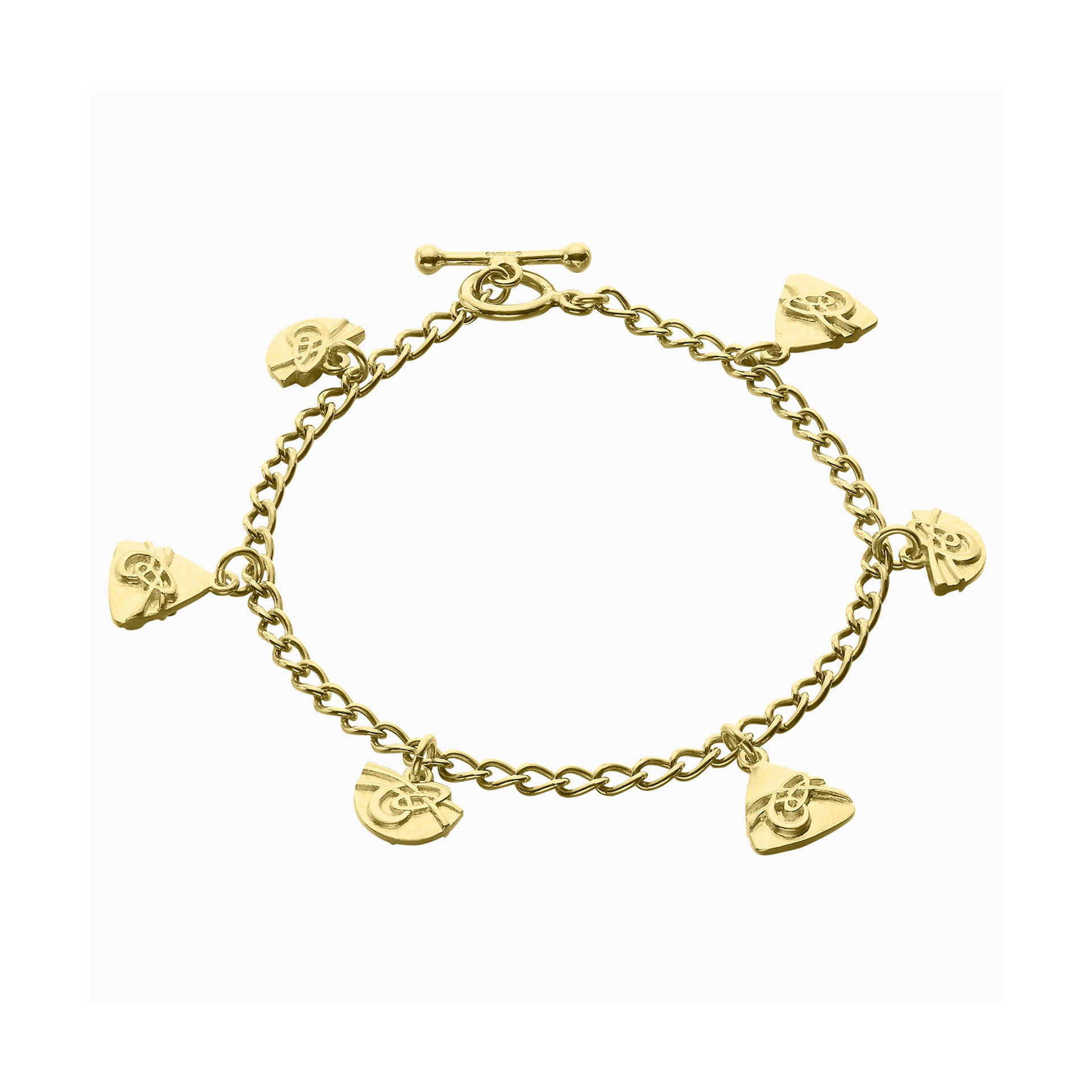 A gold bracelet featuring a series of intricate gold detailing and clasps, against a clean white background.