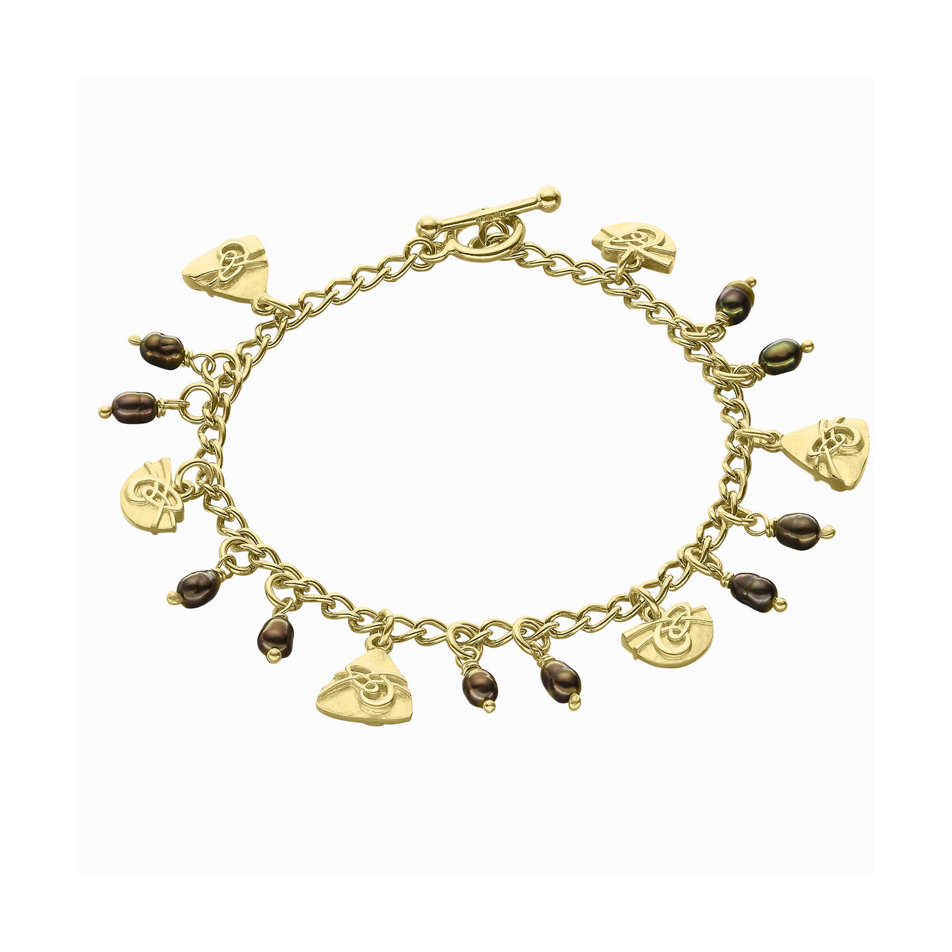 A gold-colored bracelet featuring a series of charms including a turtle, a fish, and a green pearl-like bead, set on a gold-tone chain.