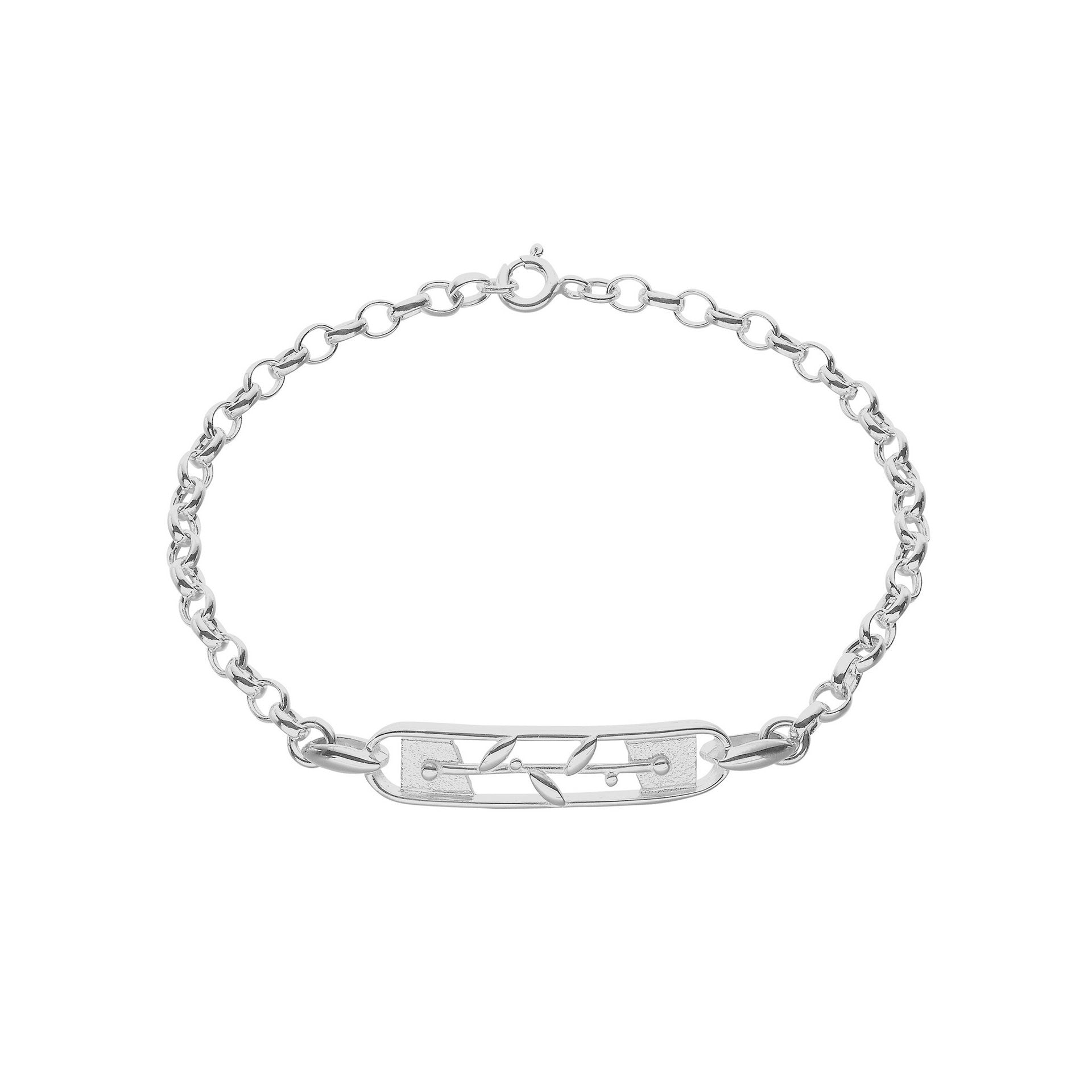 A silver bracelet with flower design