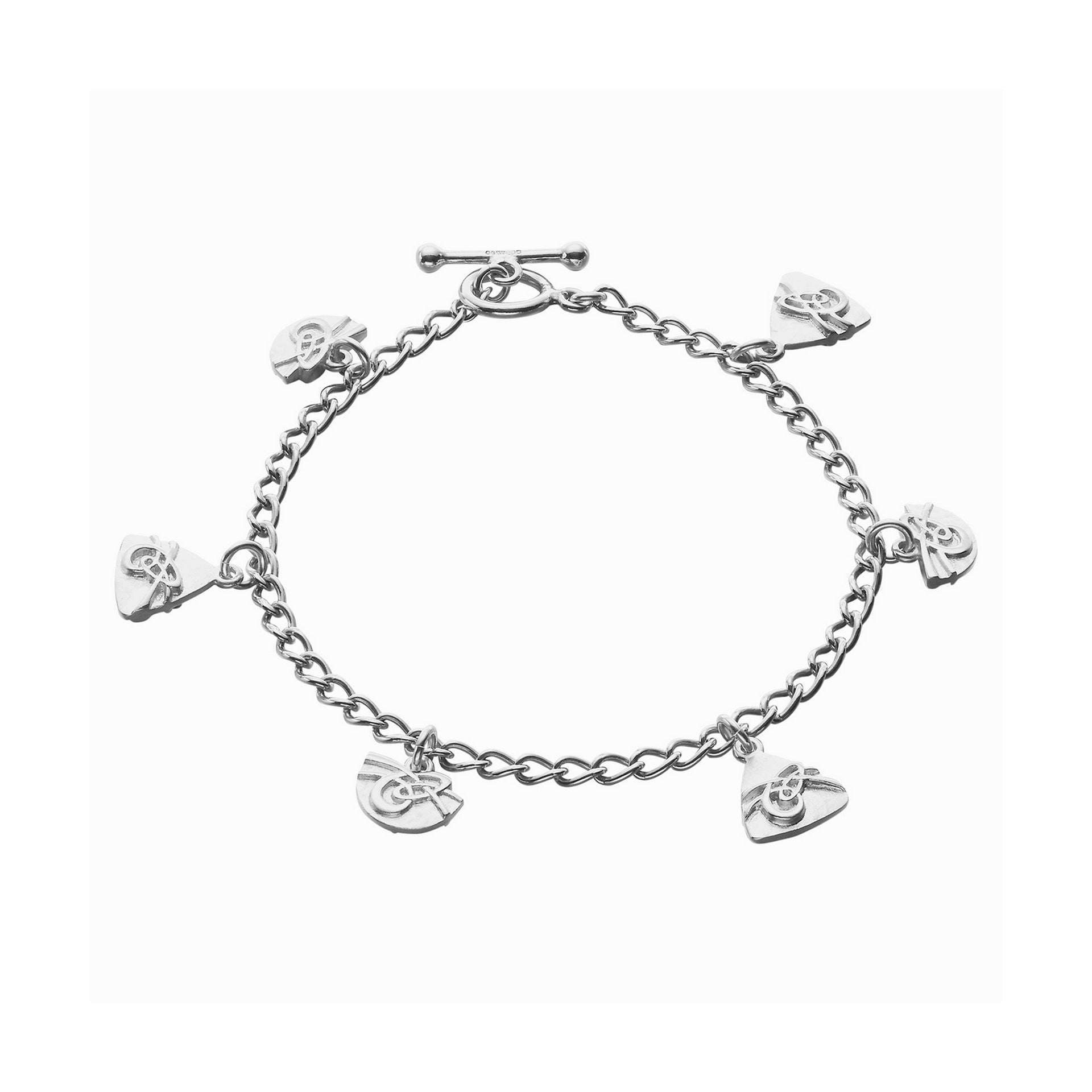 A silver bracelet featuring a series of intricate silver detailing and clasps, against a clean white background.