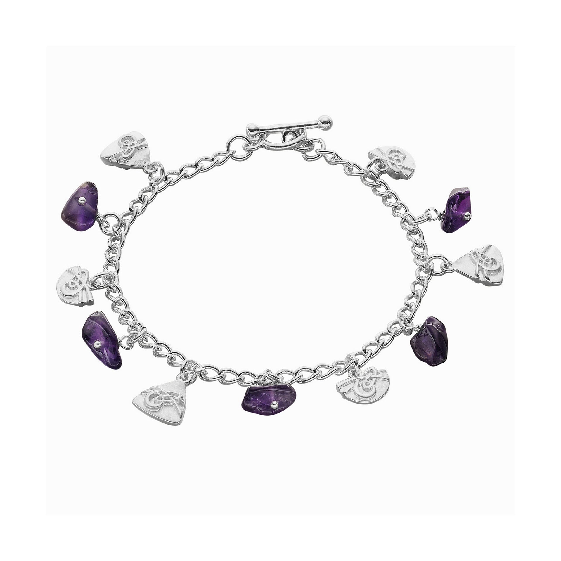 A silver-colored bracelet featuring a series of purple amethyst charms linked together on a chain.