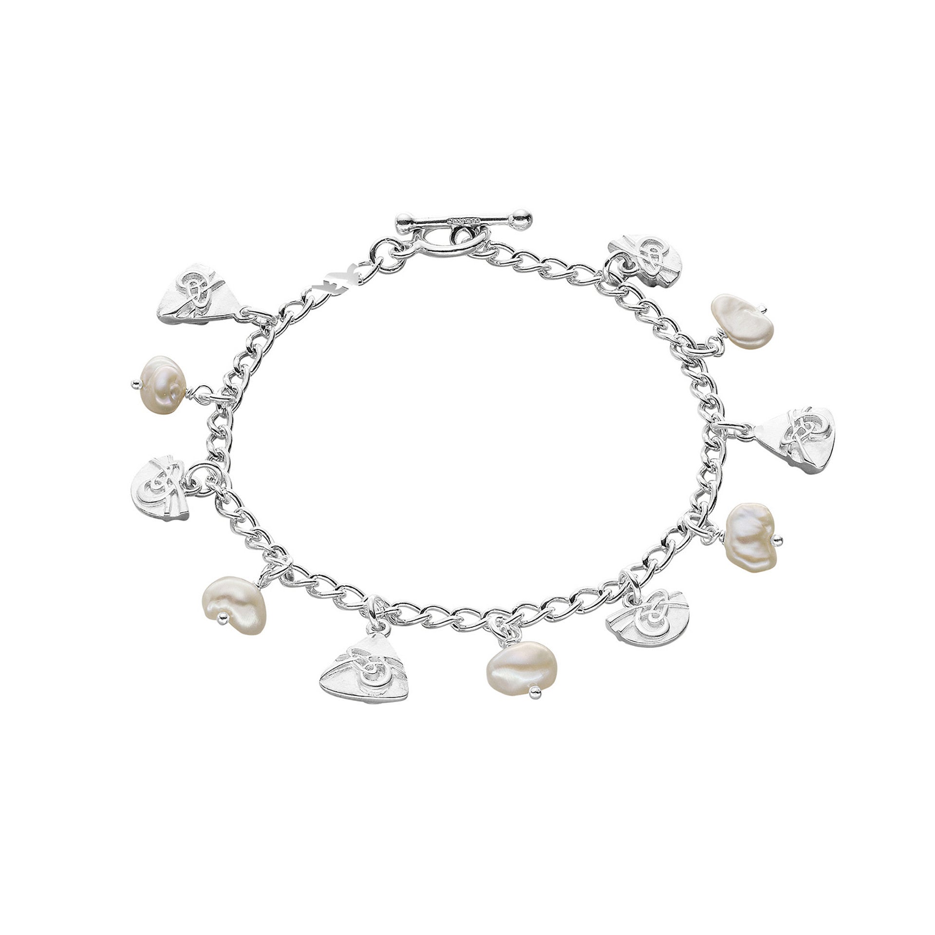 A silver bracelet featuring a series of white pearl-like beads, with intricate silver detailing and clasps, against a clean white background.