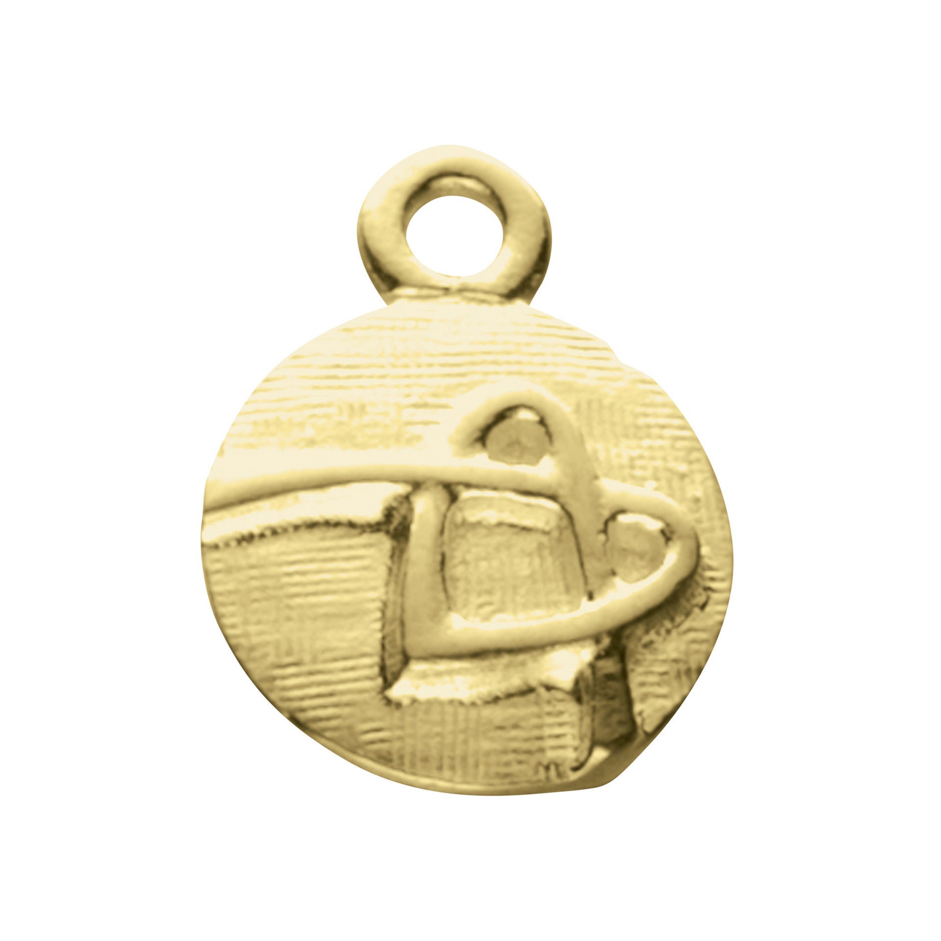 A circular gold charm with a knotted heart detail from the Faray Collection